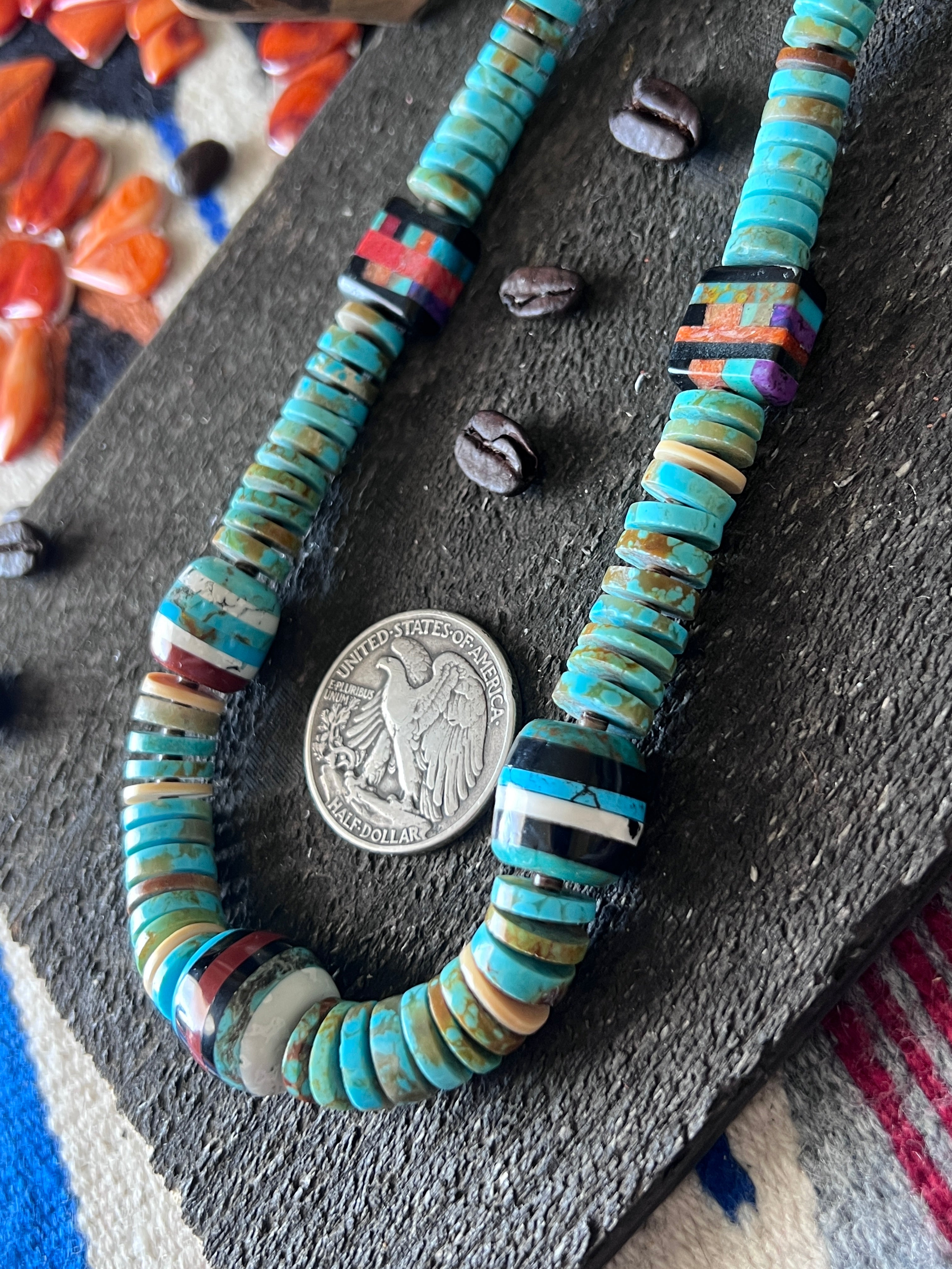Ronald Chavez Handcrafted Turquoise Heishi Beaded Santo Domingo Necklace with Layered Bead Accents