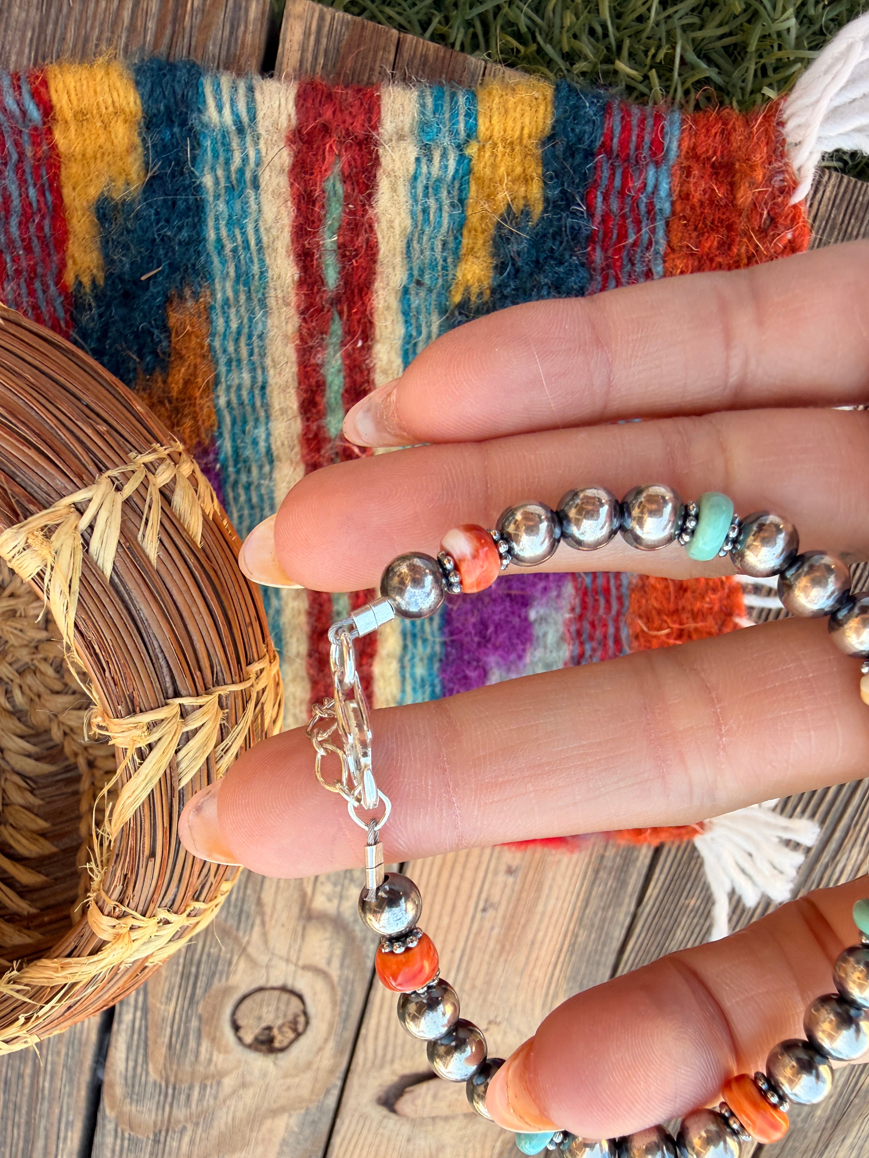 Handcrafted Turquoise, Spiny Oyster & Sterling Silver Pearl Beaded Bracelet