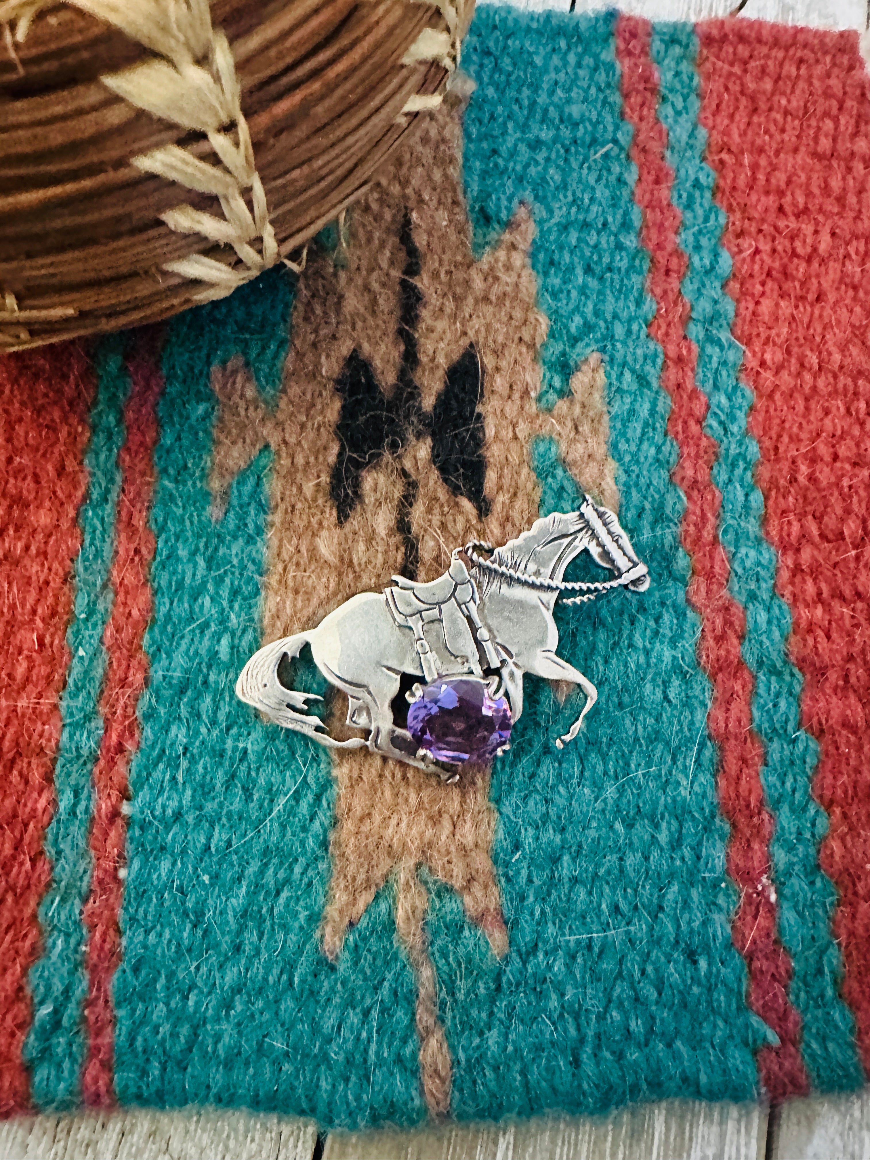 Handcrafted Old Pawn Sterling Silver & Amethyst Horse Brooch