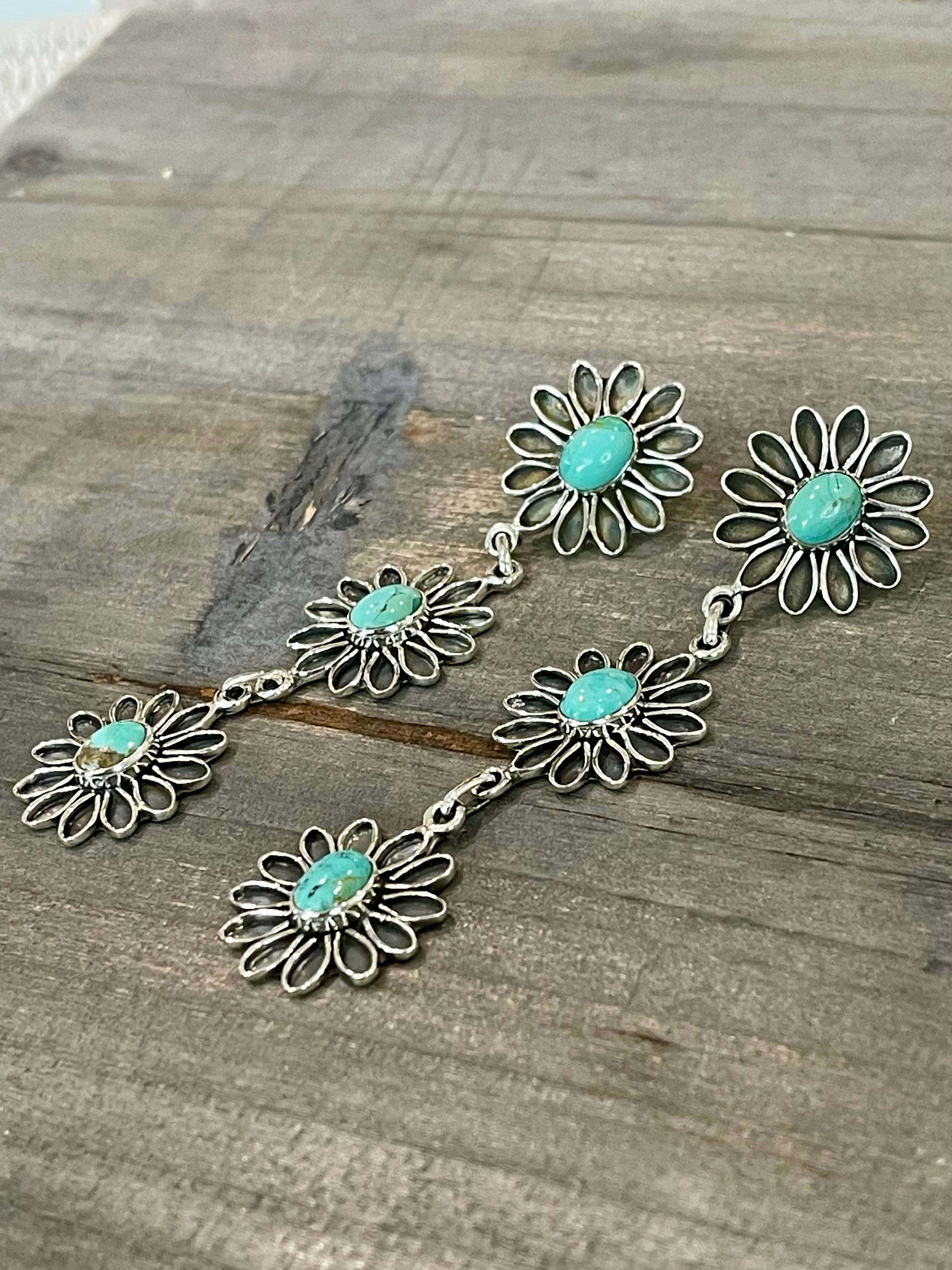 Handmade Flower Sterling Silver & Turquoise Post Dangle Earrings Signed Nizhoni