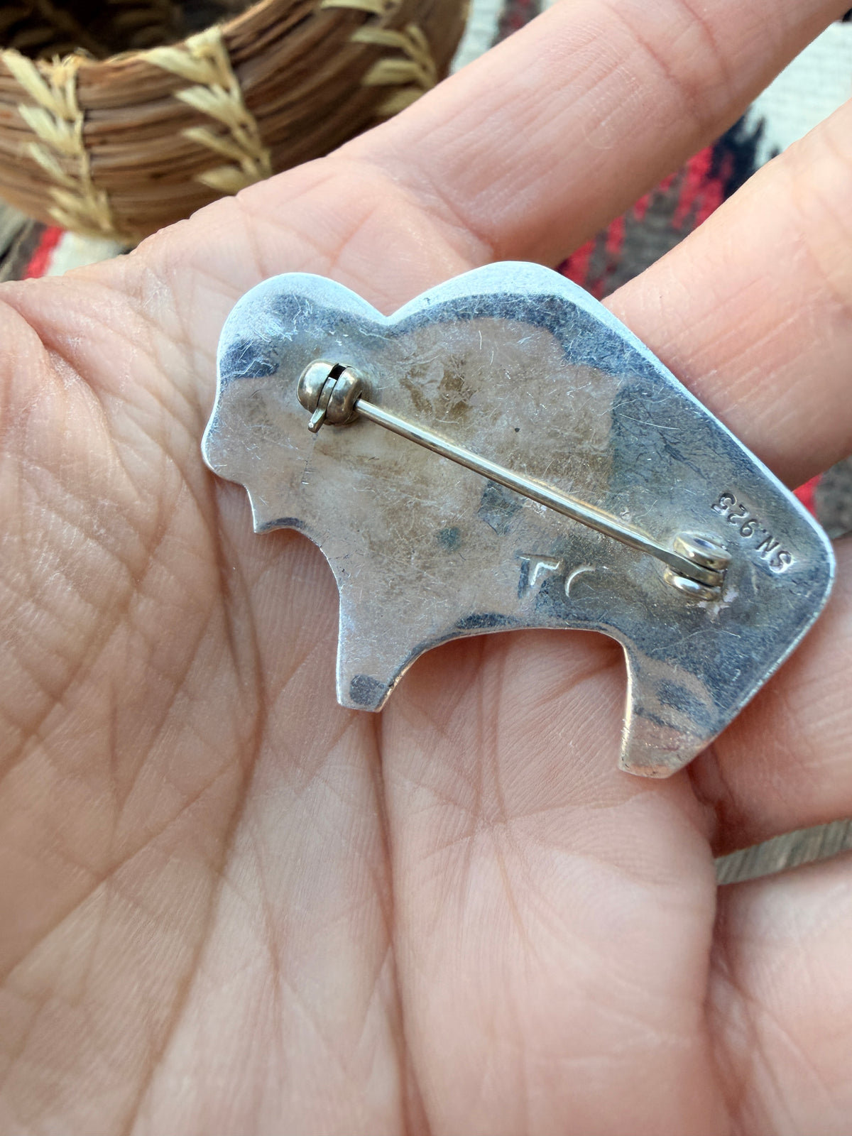 Old Pawn Handcrafted Turquoise & Sterling Silver Fetish Buffalo Brooch