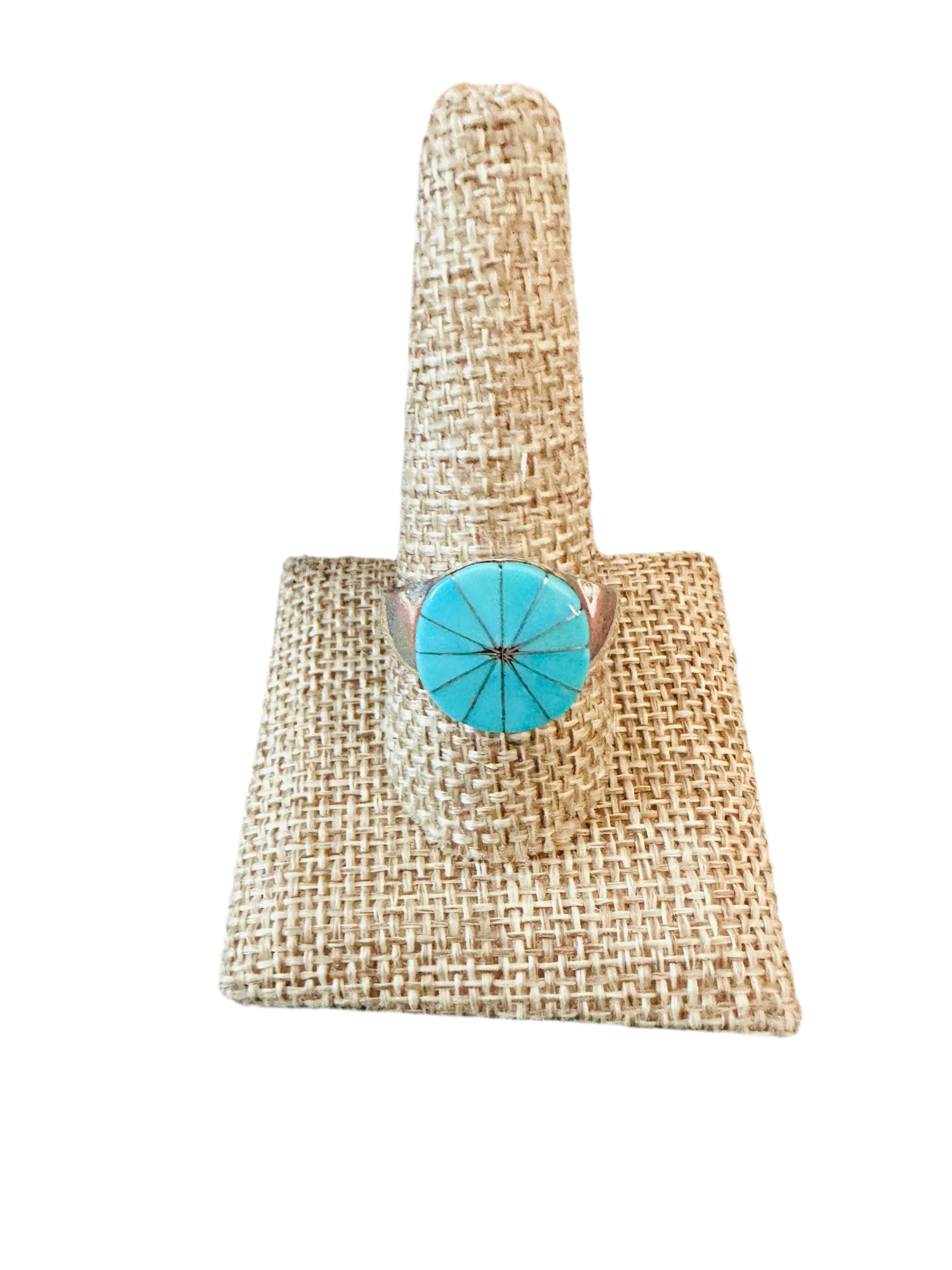 Handcrafted Silver & Turquoise Inlay Flower Ring Size 10.5