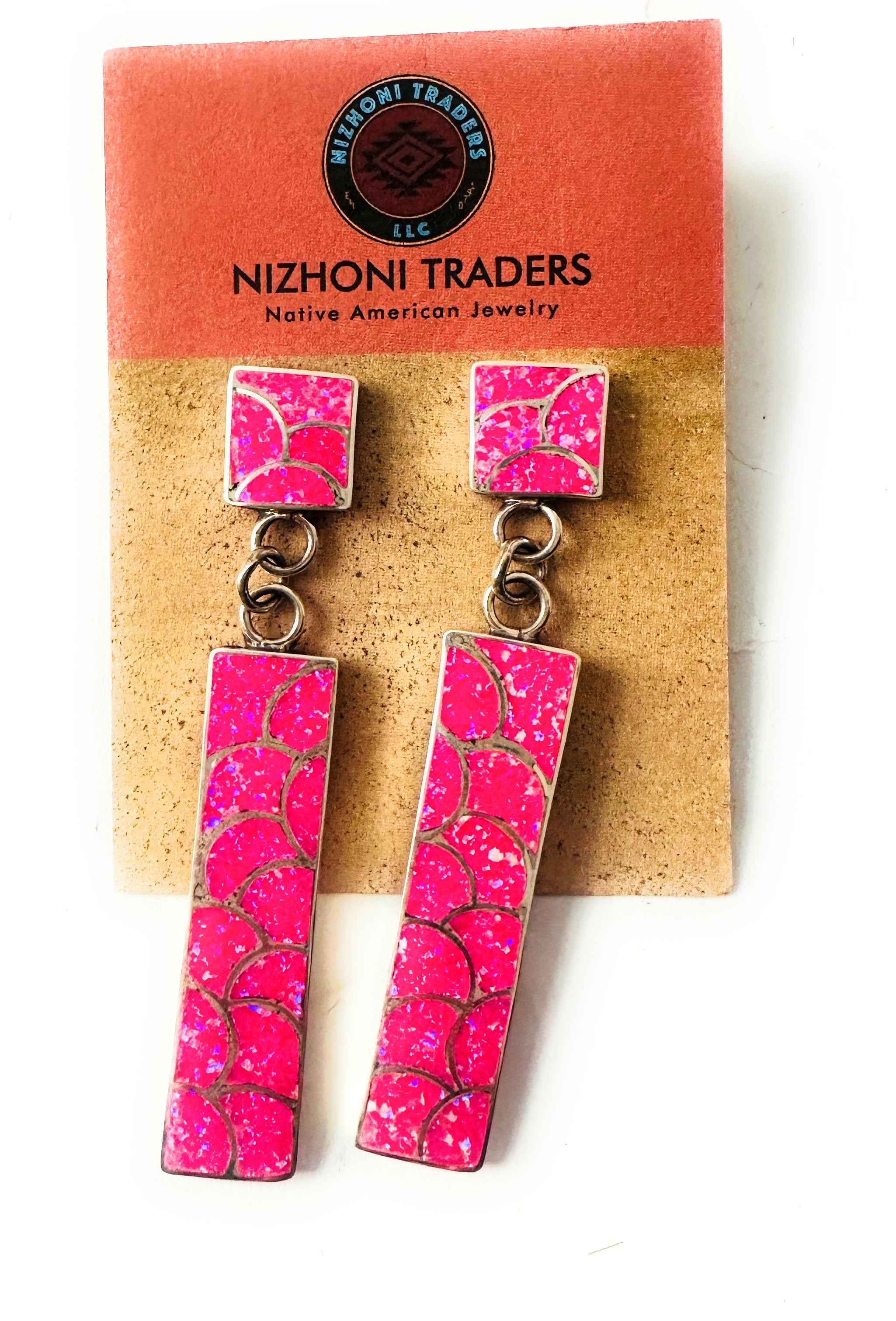 Handcrafted Sterling Silver & Pink Fire Opal Inlay Dangle Earrings