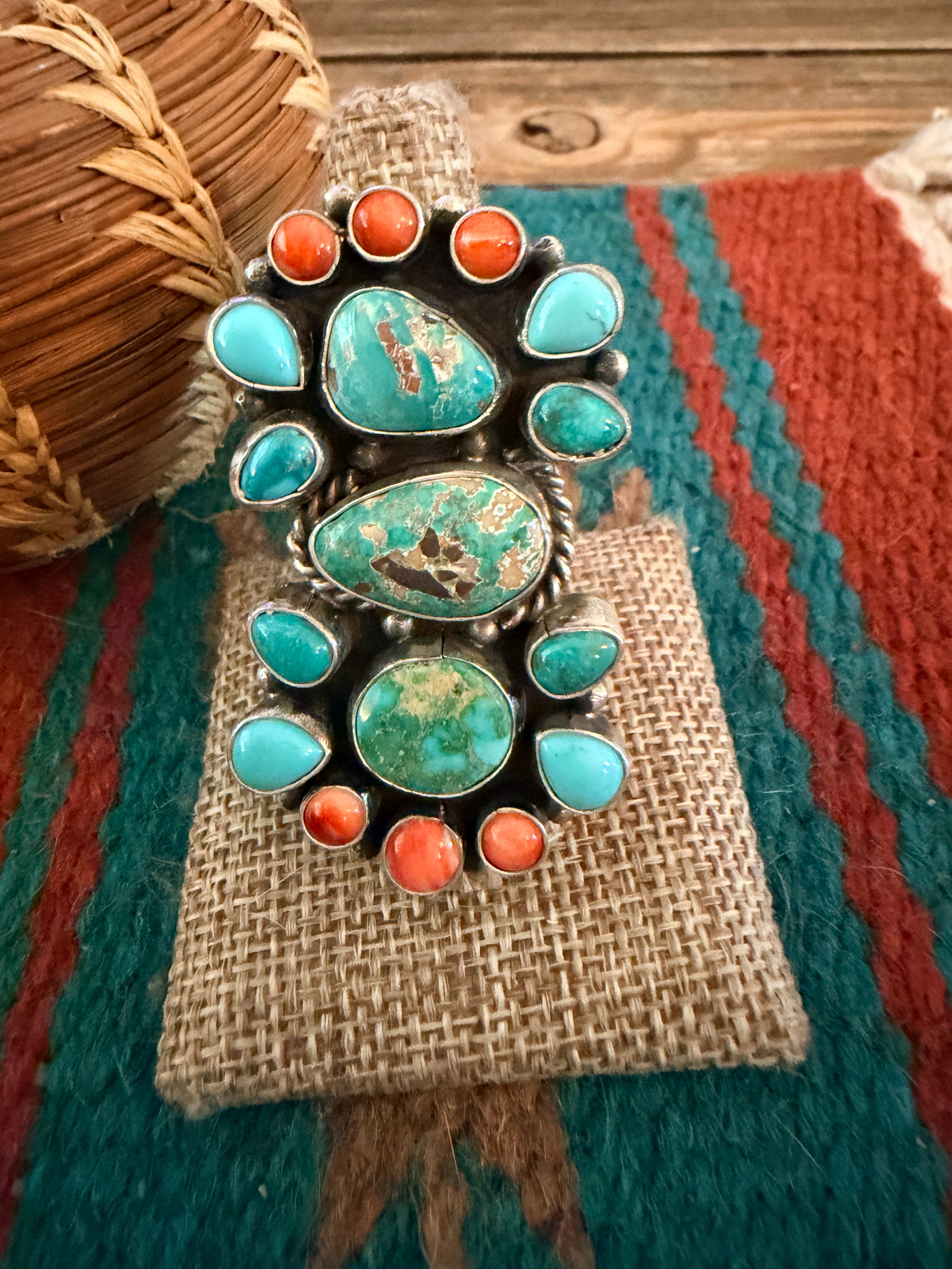 Handcrafted Spiny Oyster, Turquoise & Sterling Silver Cluster Ring by Sheila Becenti Size 9