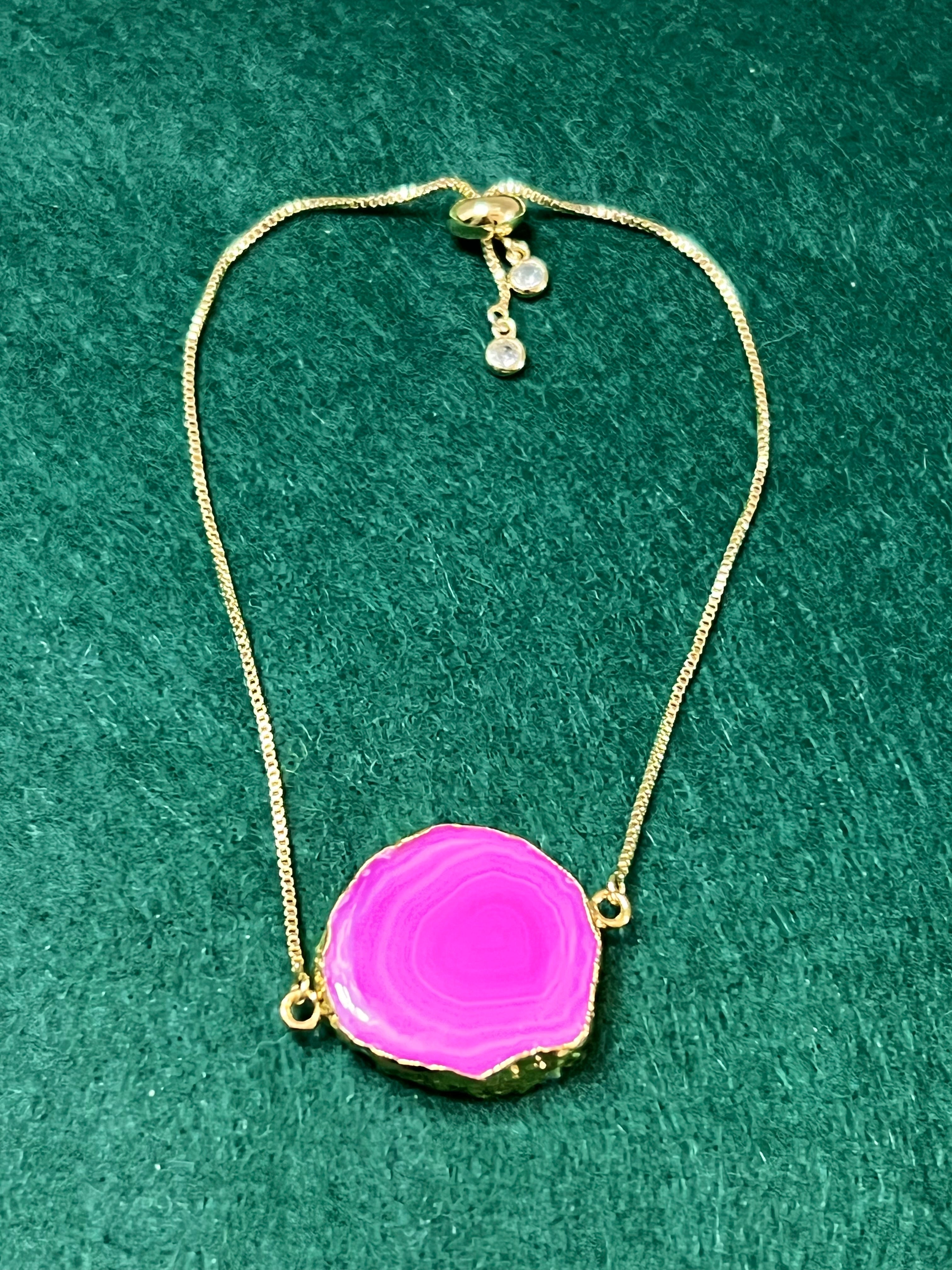 Handmade 14k Gold Druzy Plated Brass & Hot Pink Geode Adjustable Bracelet