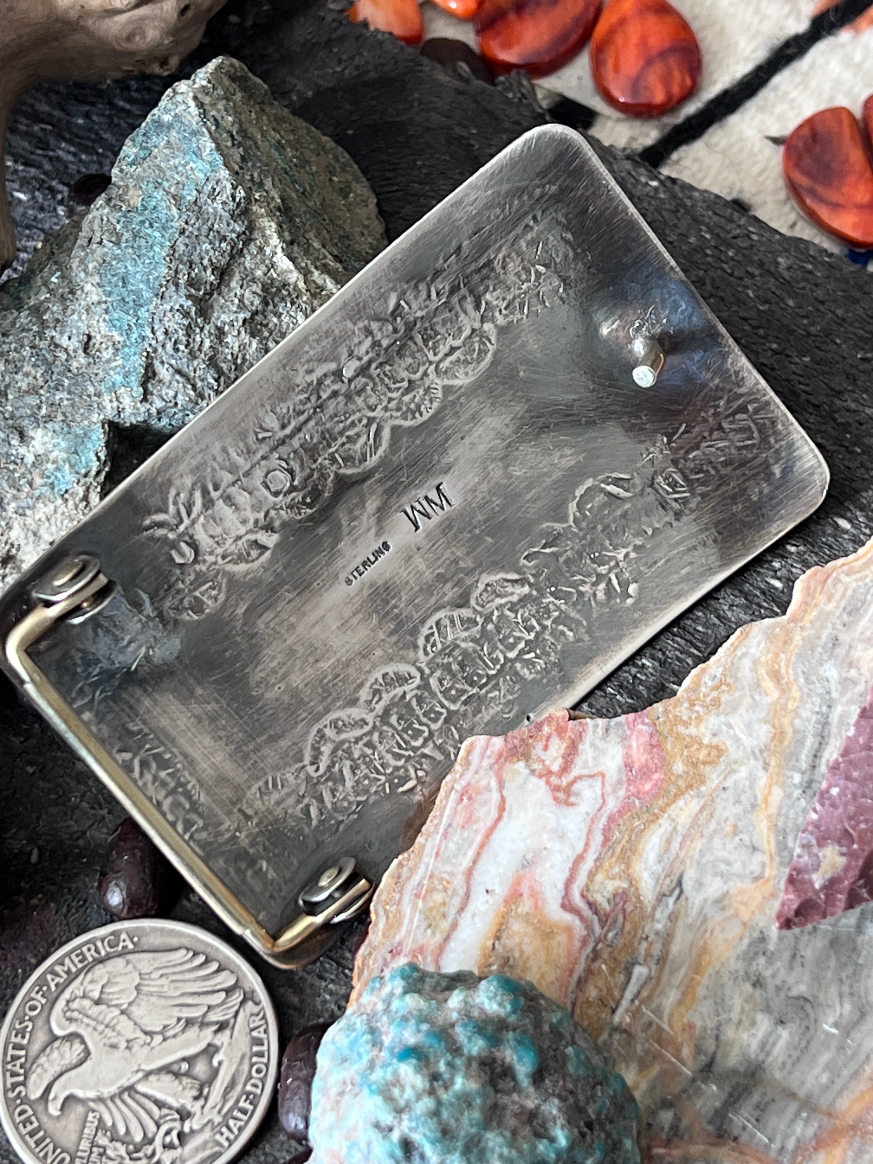Old Pawn Sterling Silver, Kingman Turquoise & Mediterranean Coral Belt Buckle by Wilbert Meyers