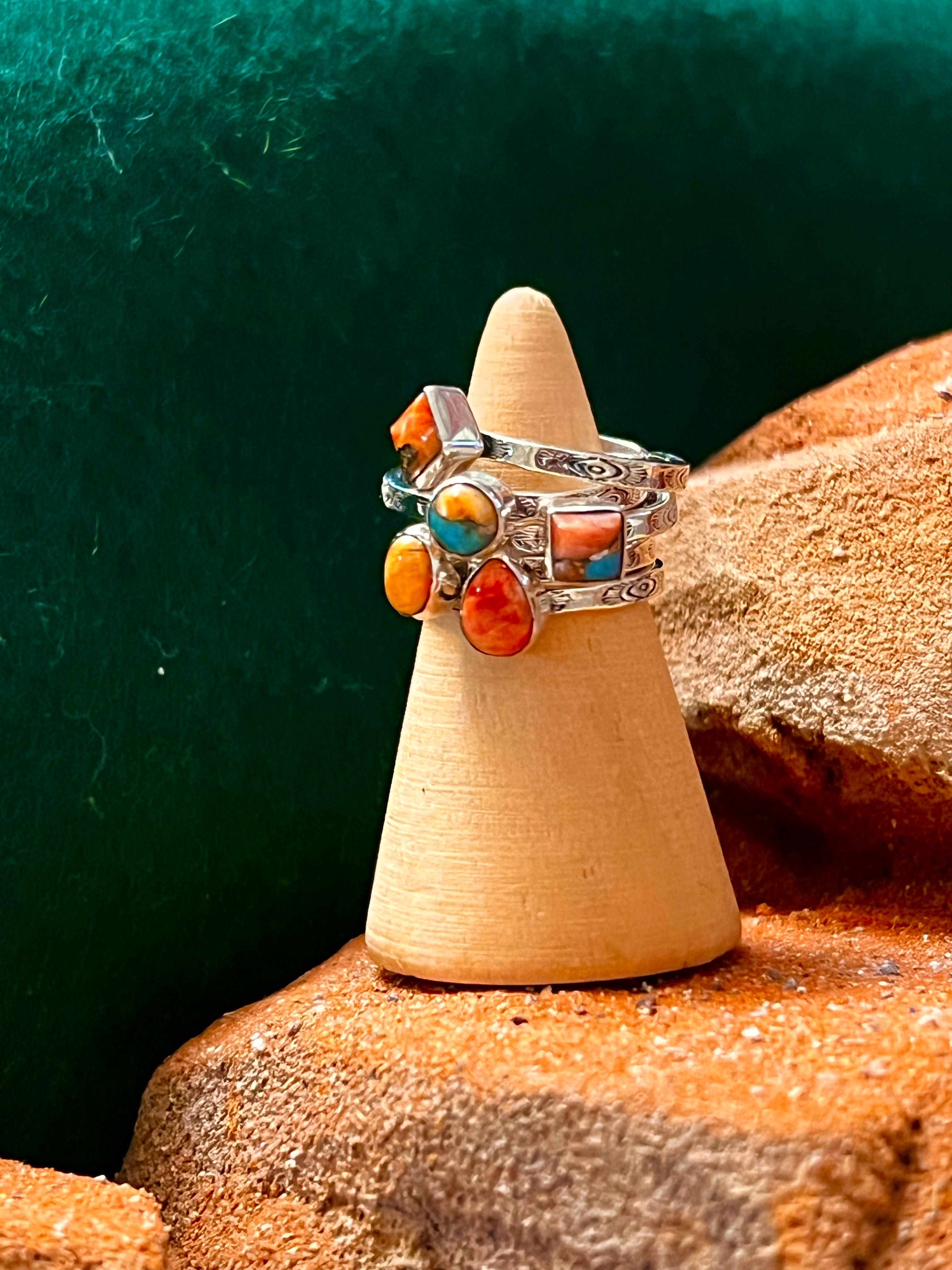 Handmade Orange Mojave TearDrop, Circle, Oval, Square, & Diamond Shape Sterling Silver Adjustable Stacker Ring