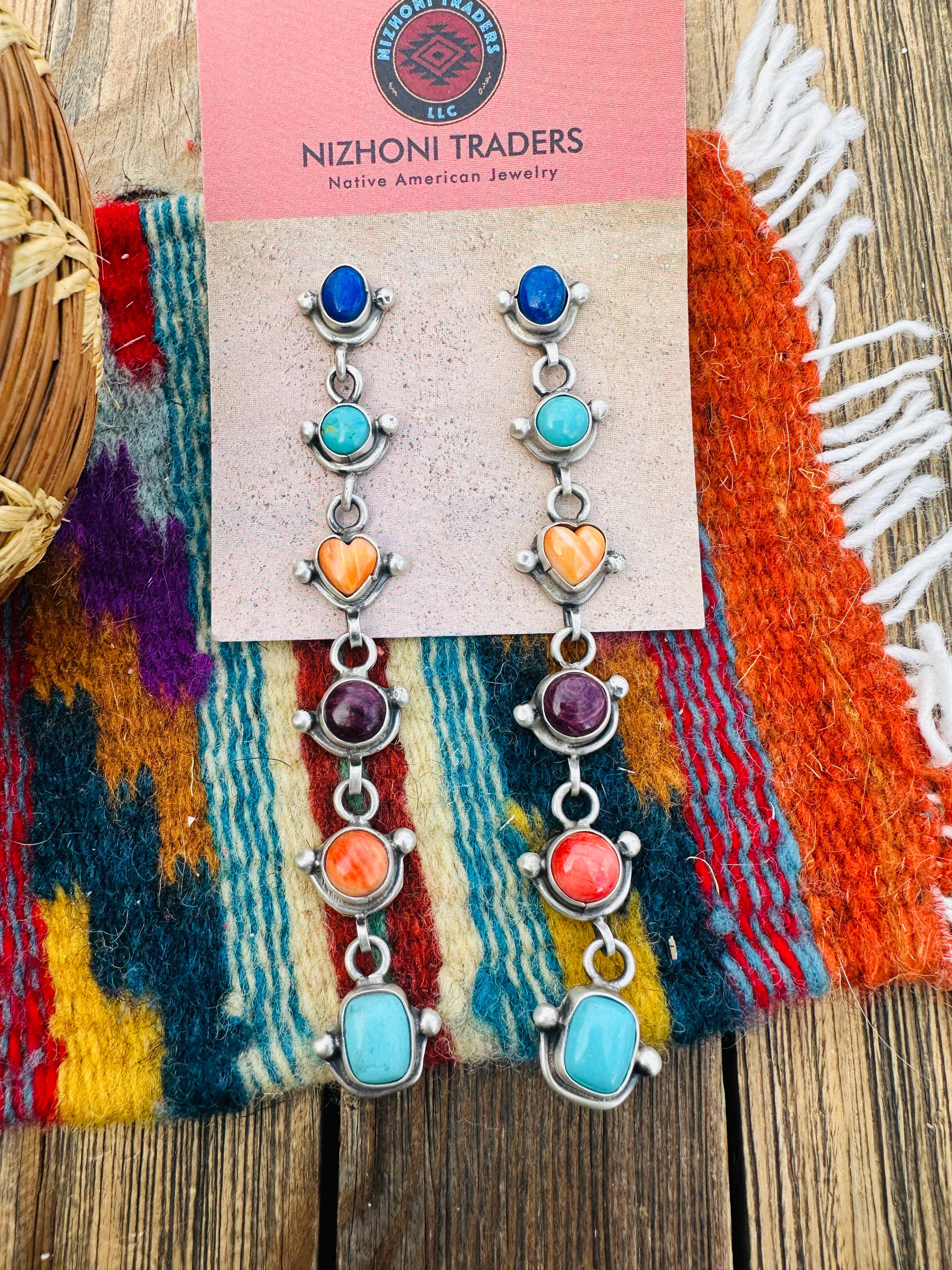 Handcrafted Multi Stone And Sterling Silver Heart Dangle Earrings by Juanita McDonald