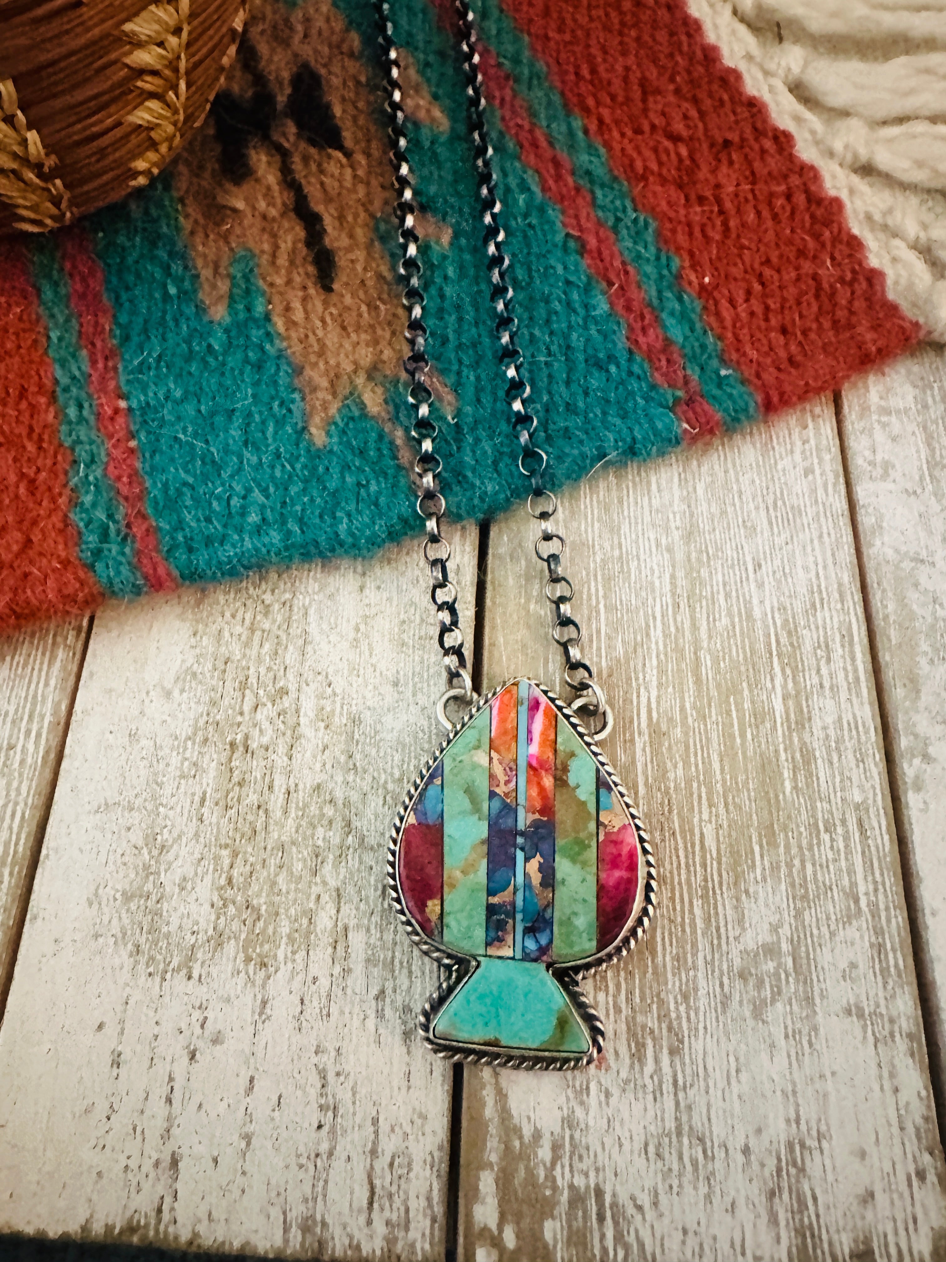Navajo Sterling Silver & Multi Stone Inlay Spade Necklace