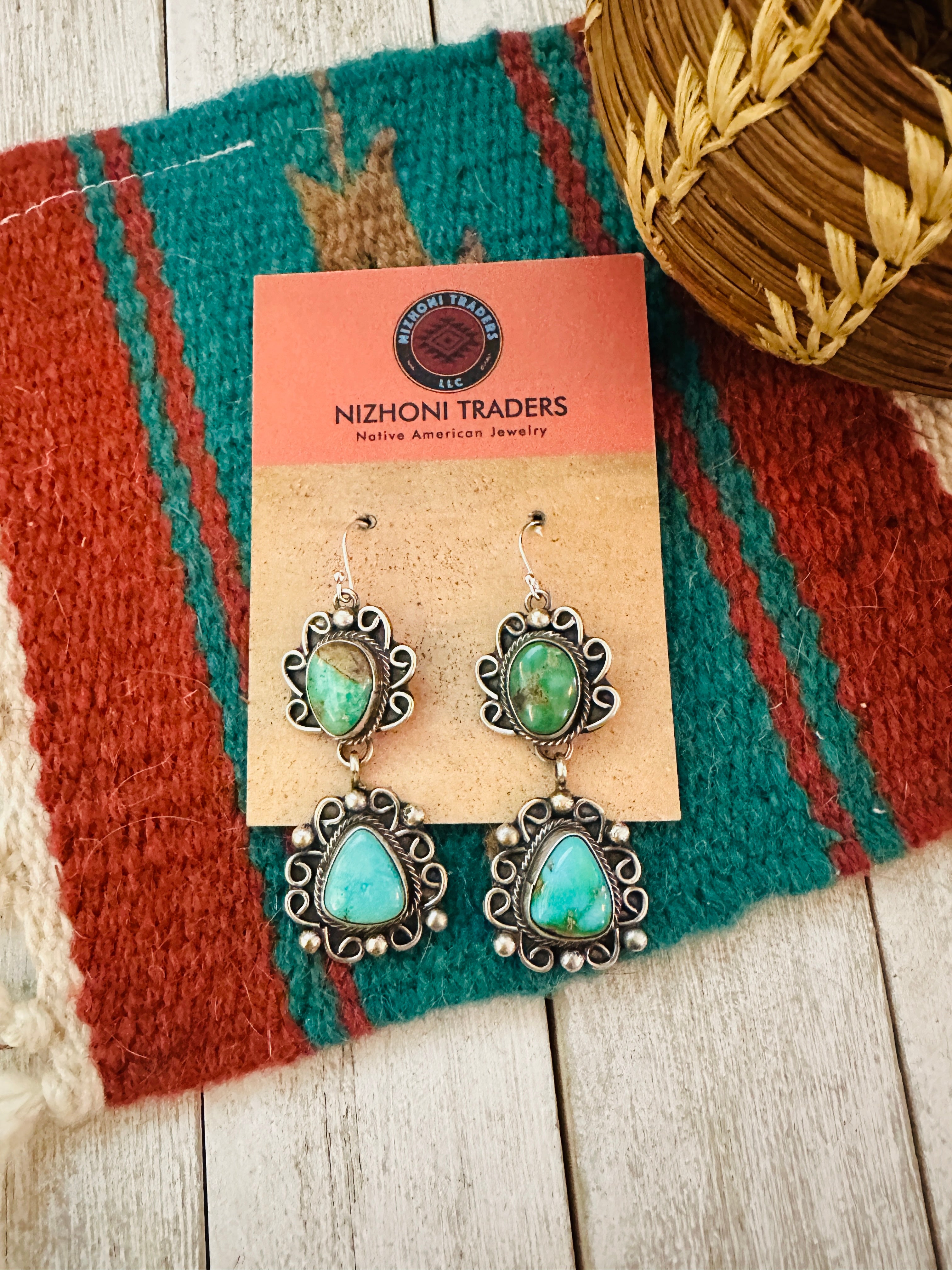Navajo Turquoise & Sterling Silver Dangle Earrings by Sheila Becenti