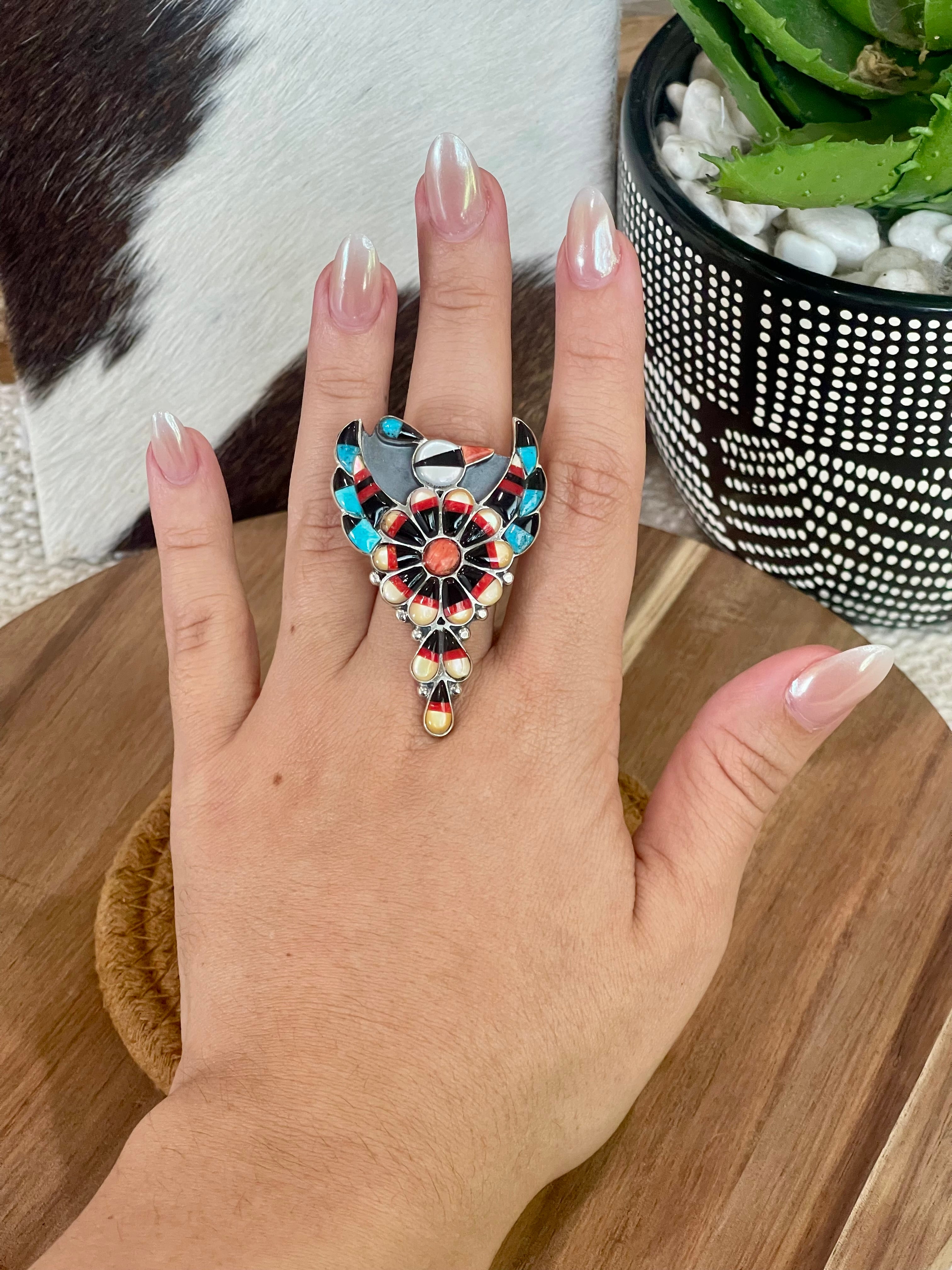 Beautiful Handmade Sterling Silver & Multi Stone Thunderbird Adjustable Ring