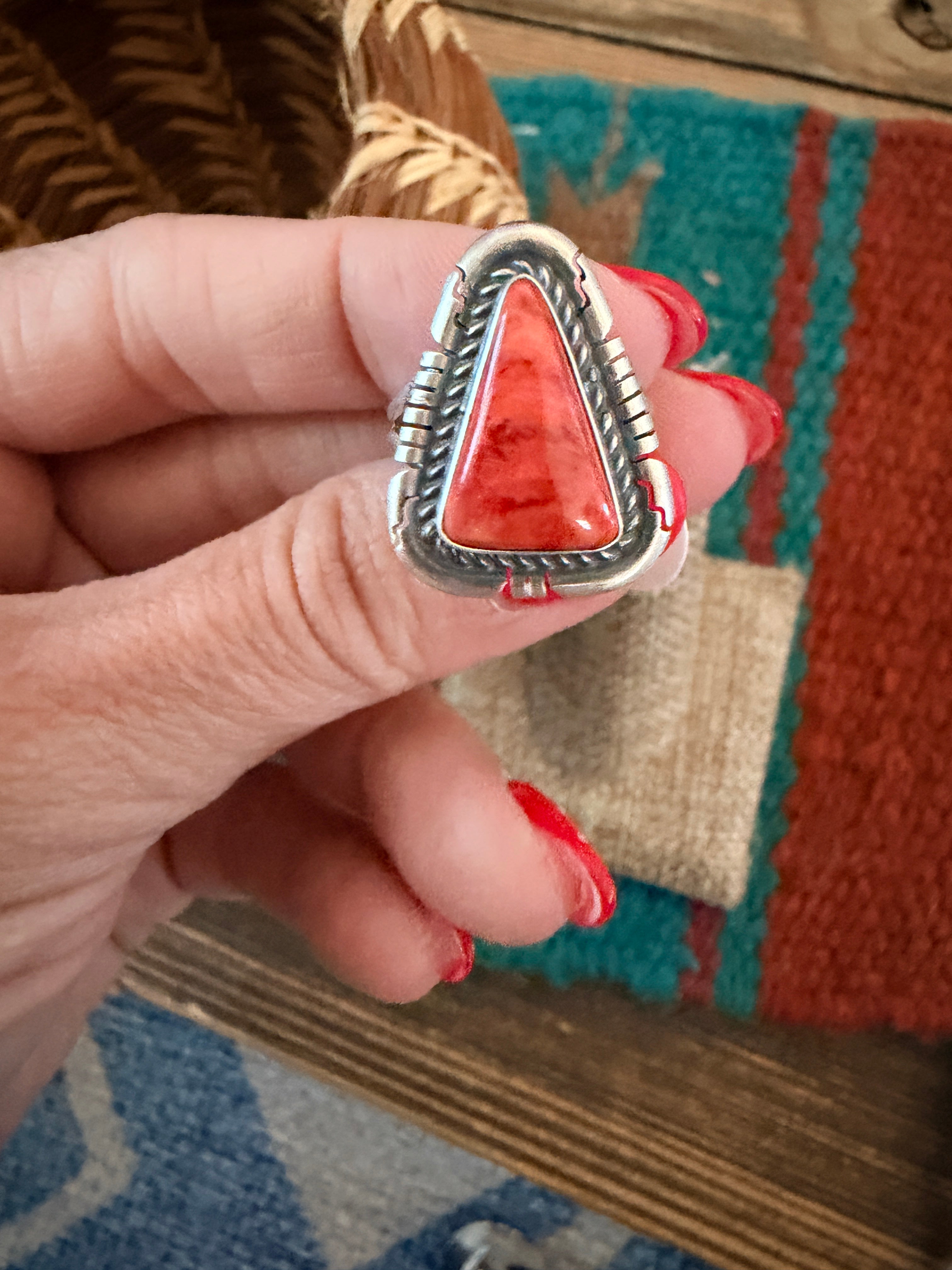 Handcrafted Red Spiny Oyster & Sterling Silver Ring Size 6