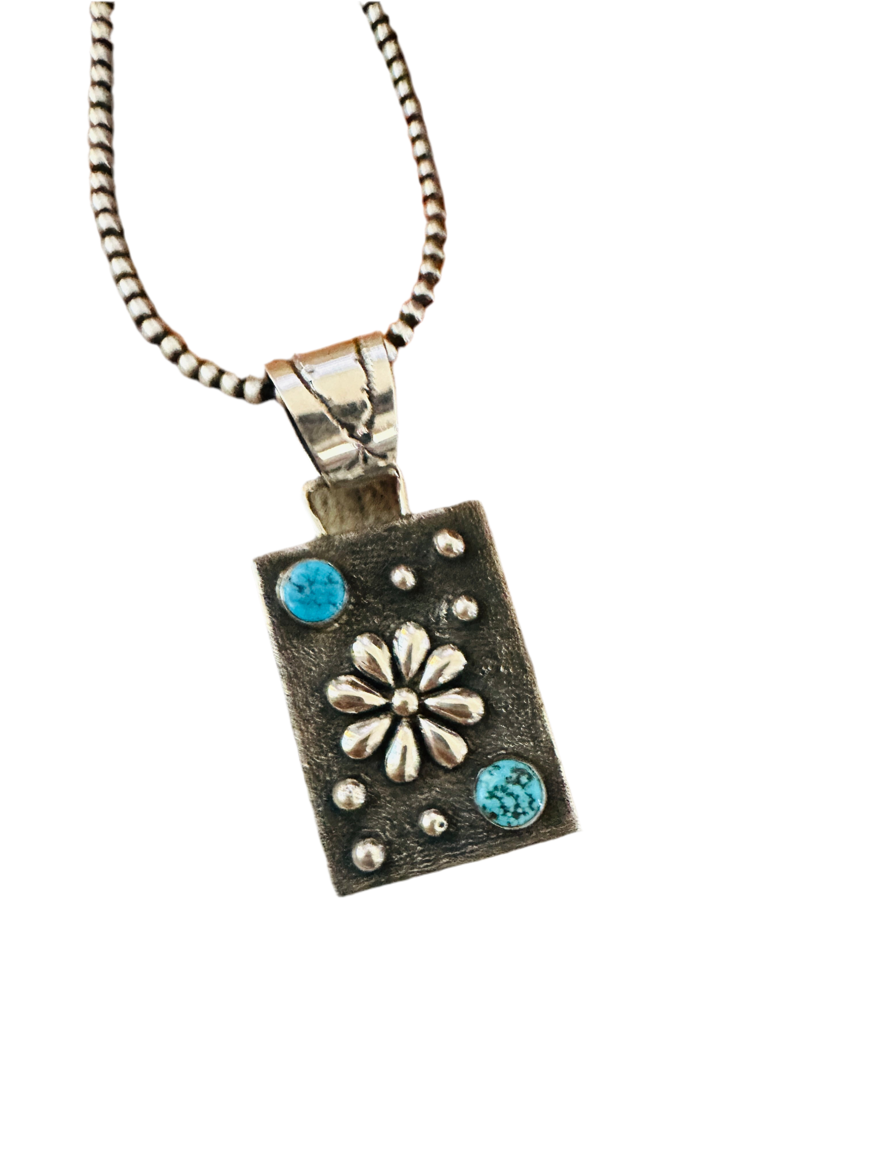 Handcrafted Studded Flower Turquoise & Sterling Silver Pendant