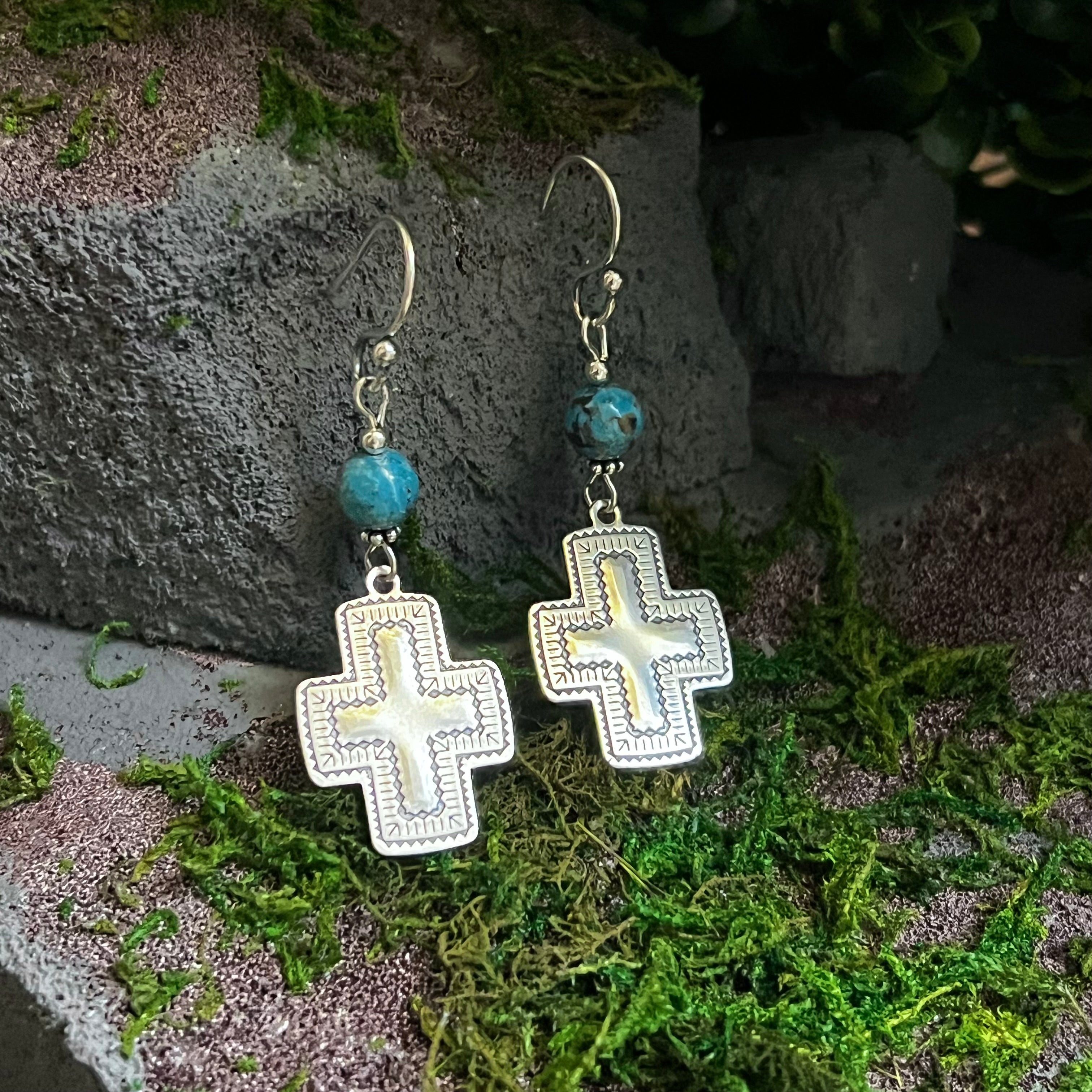 Handmade Etched Sterling Silver & Turquoise Dangle Wire Earrings