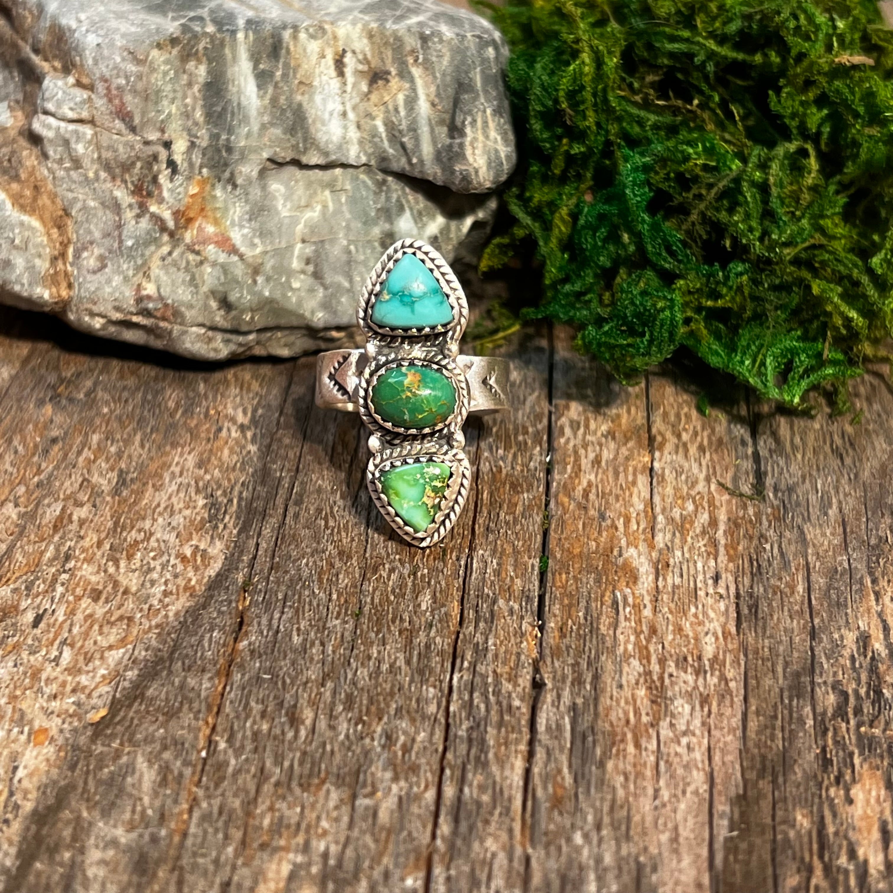 Handmade Sterling Silver 3-Stone South Hill & Sonoran Mountain Turquoise Adjustable Ring