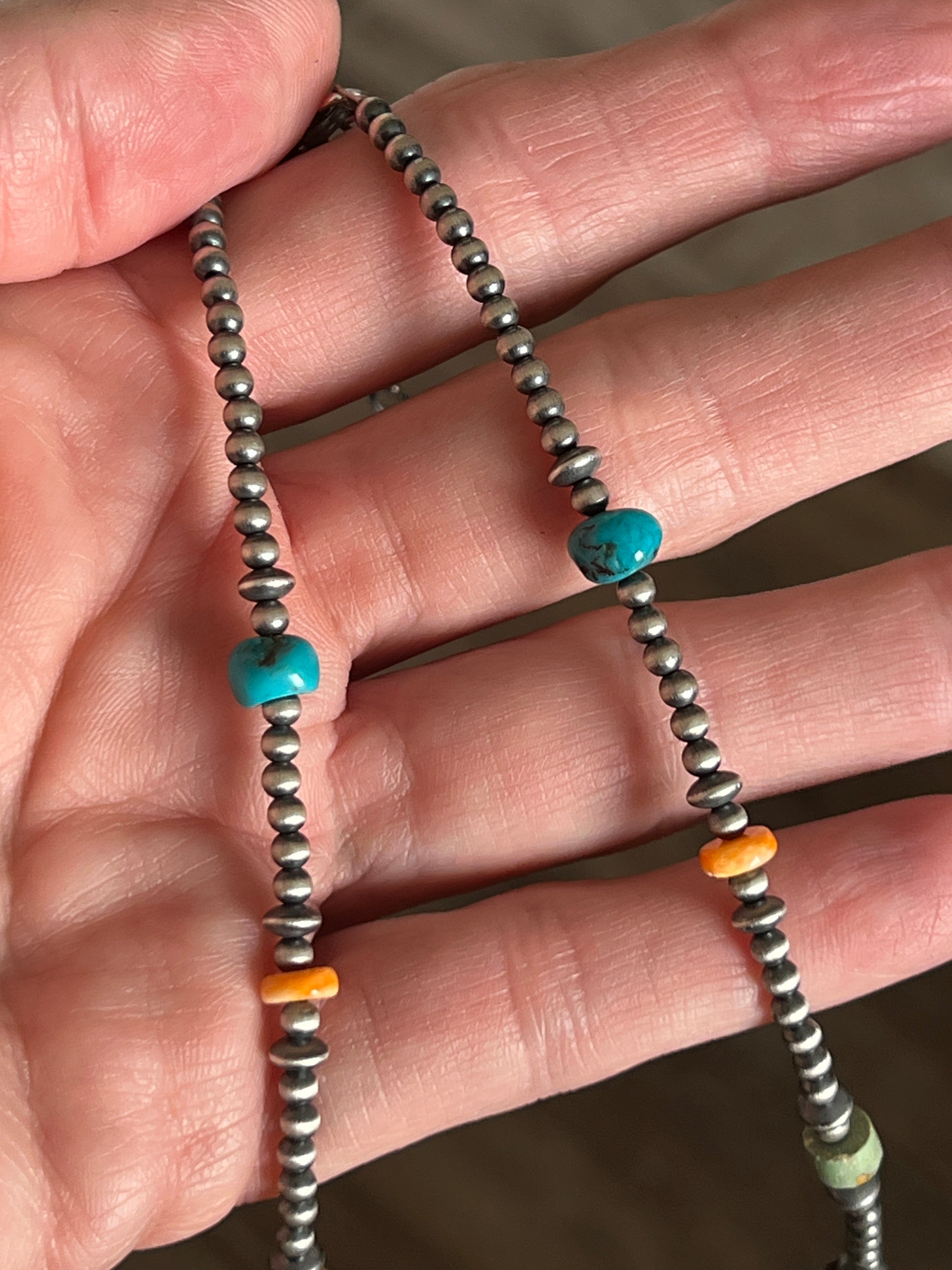 Summer Lovin’ Beaded Layering Necklace with Sterling Silver, Spiny Oyster Shell and Turquoise, 14 + 2”, The Color Drop