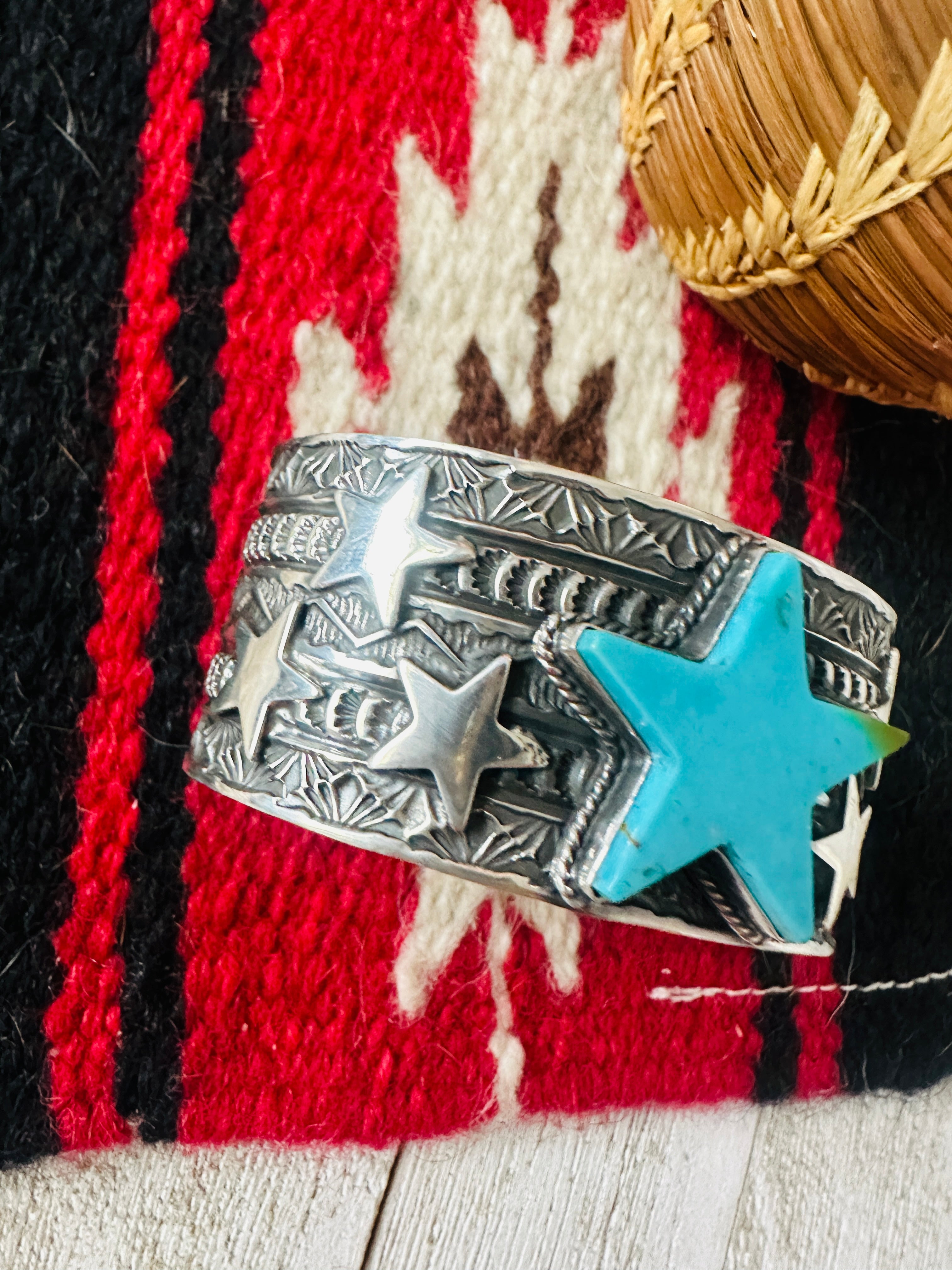 Navajo Turquoise & Sterling Silver Star Cuff Bracelet by Sunshine Reeves