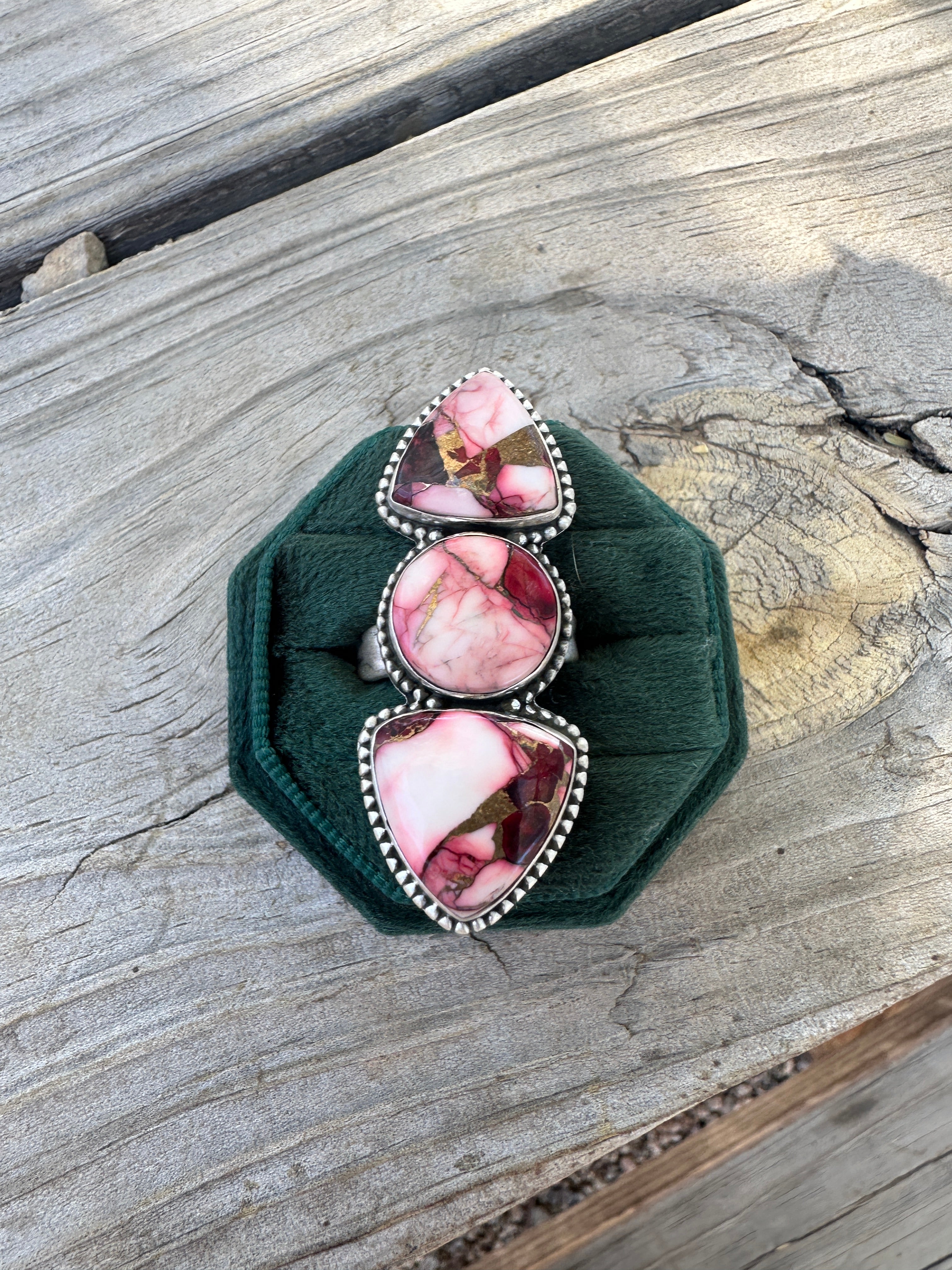 Beautiful Handmade Dahlia Rose And Sterling Silver Adjustable 3 Stone Ring