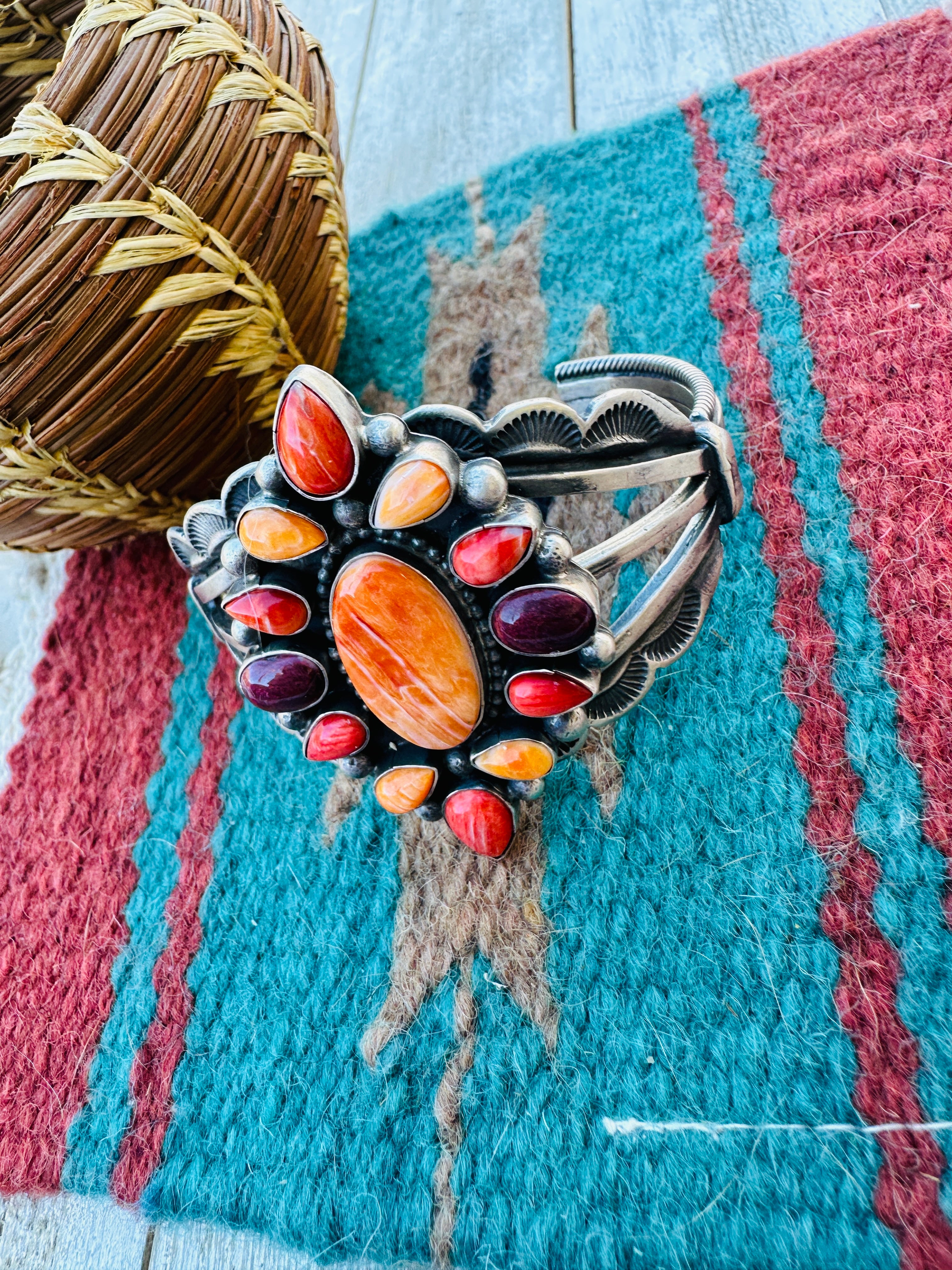 Handcrafted Sterling Silver & Spiny Oyster Cluster Cuff Bracelet