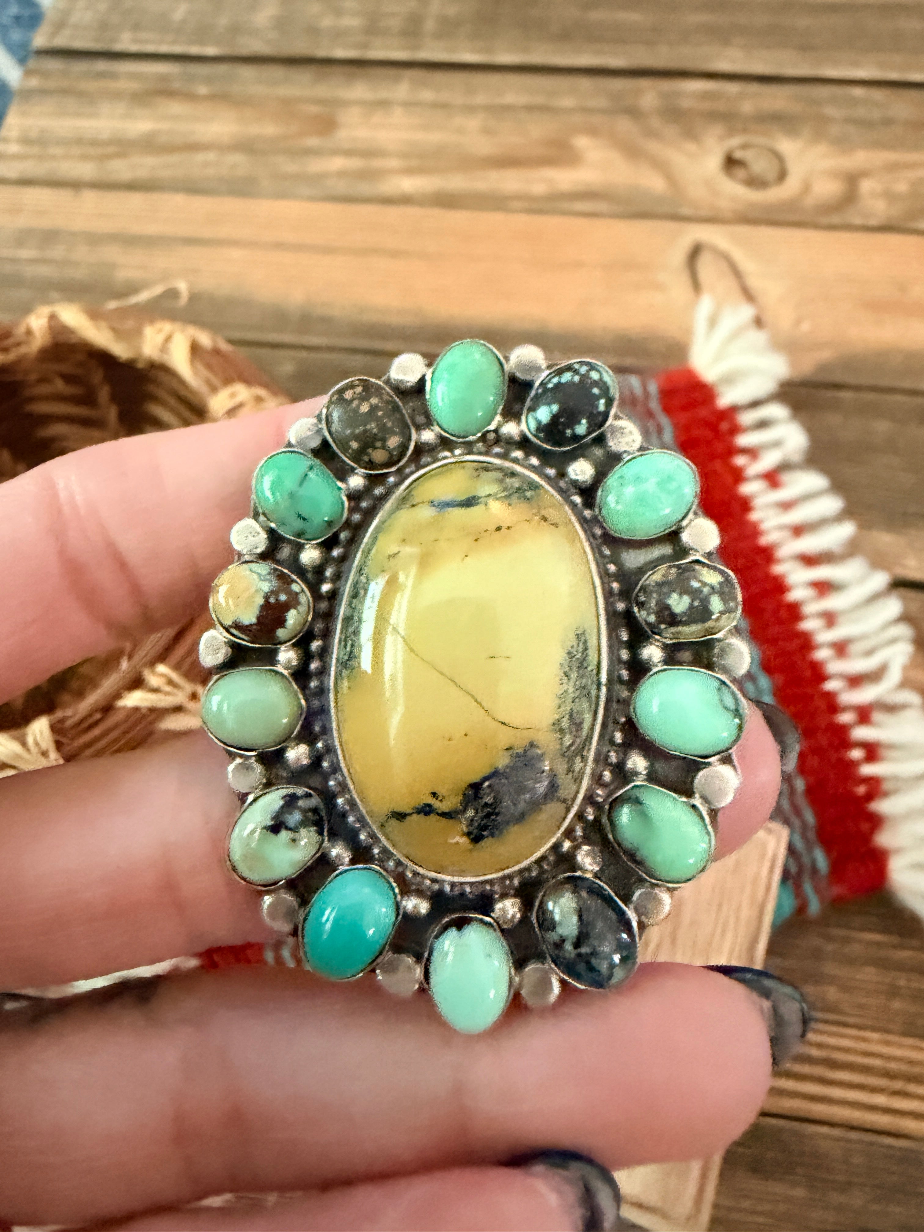 Handcrafted Multi Turquoise & Sterling Silver Cluster Ring by Sheila Becenti Size 7.25