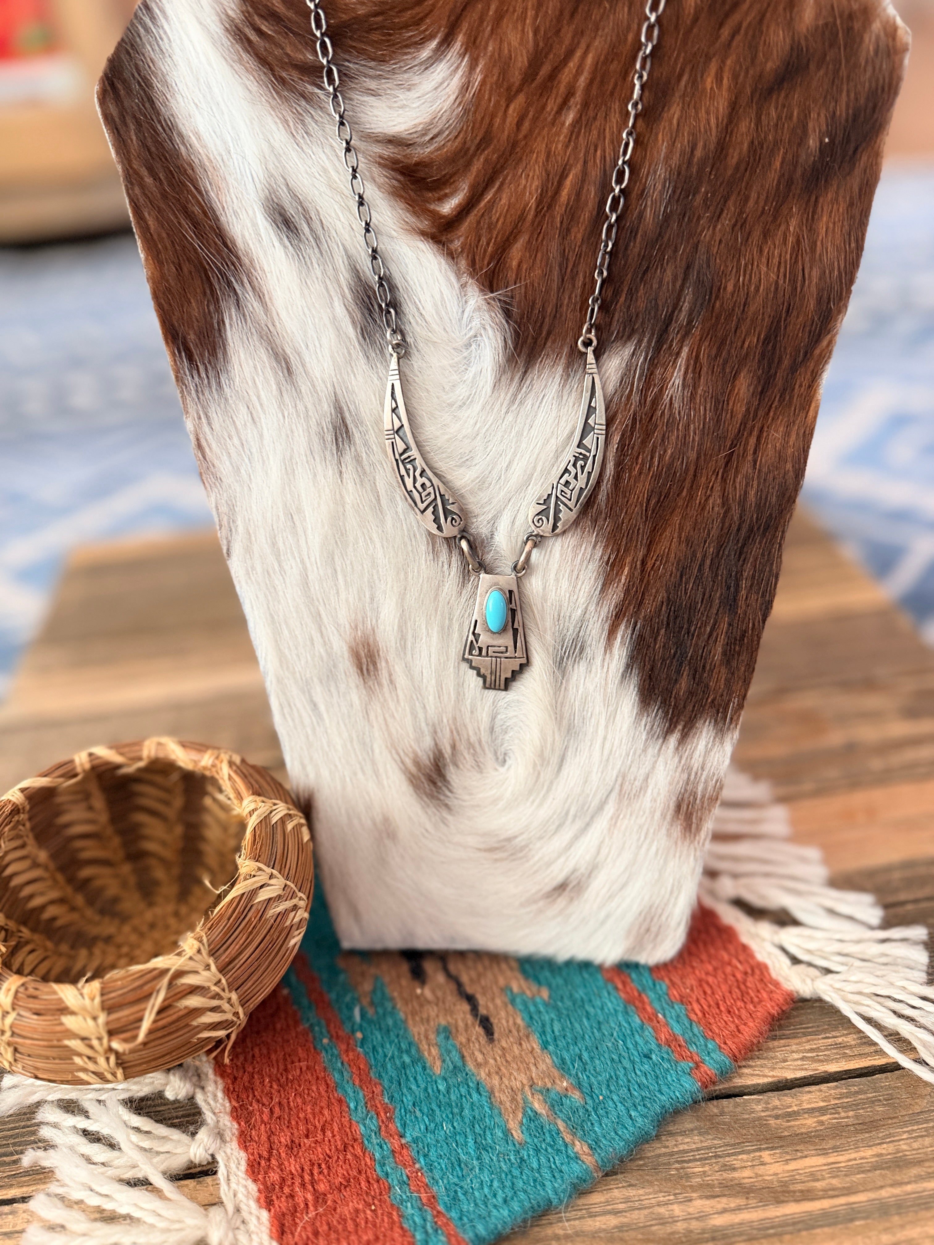 Old Pawn Handcrafted Sterling Silver and Turquoise Necklace