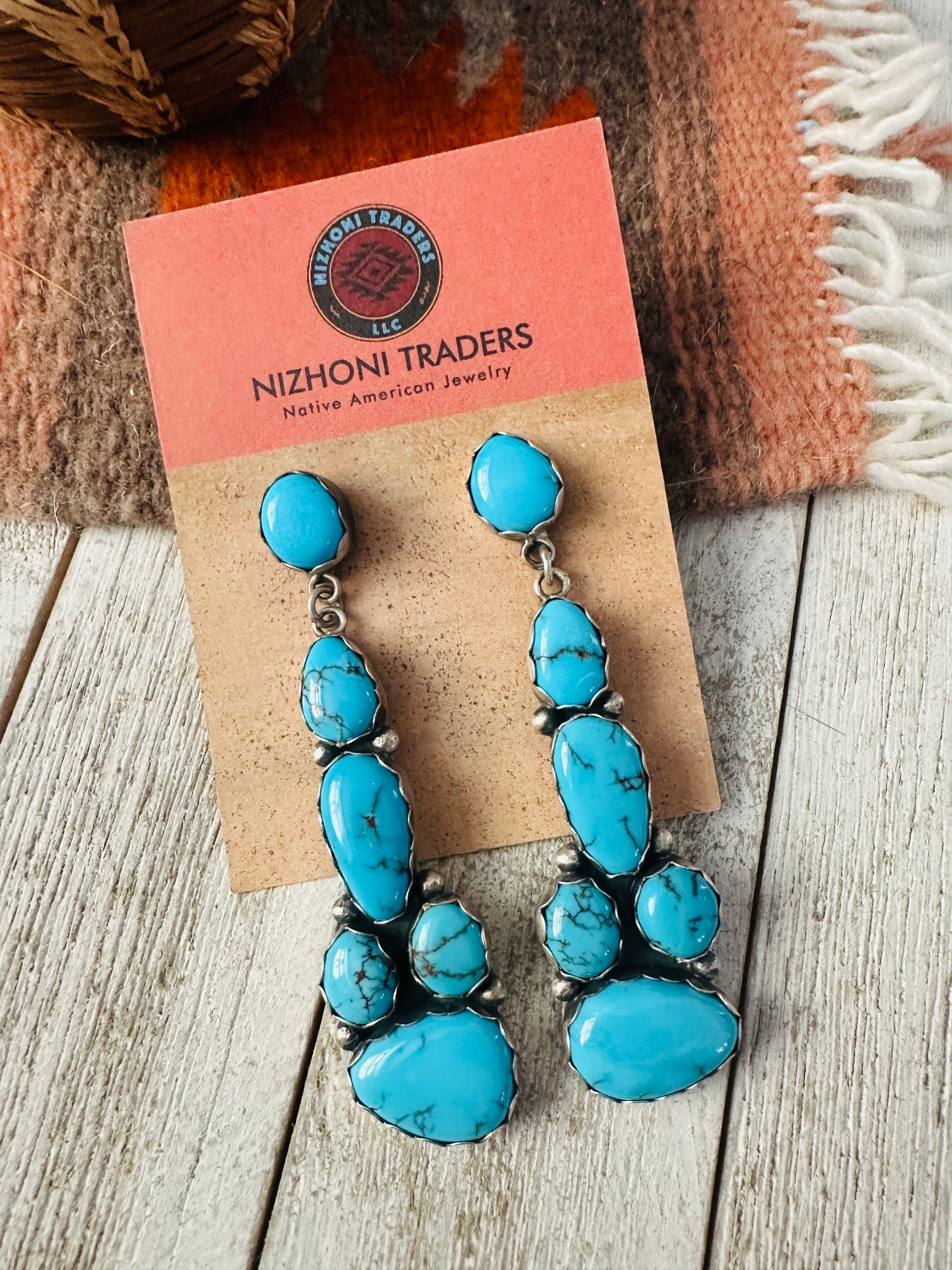 Navajo Sterling Silver & Turquoise Cluster Dangle Earrings
