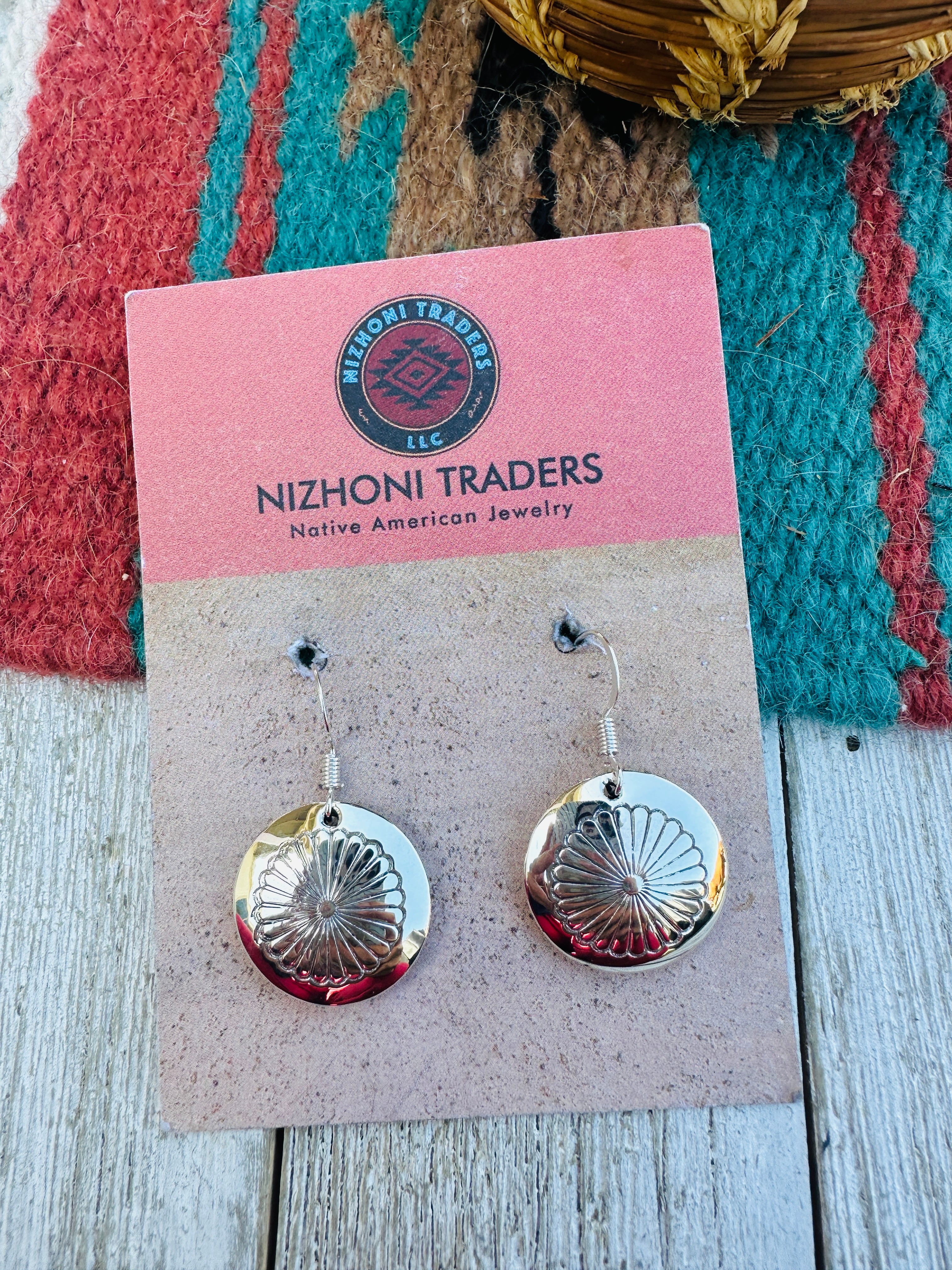 Handcrafted Hand Stamped Sterling Silver Concho Dangle Earrings