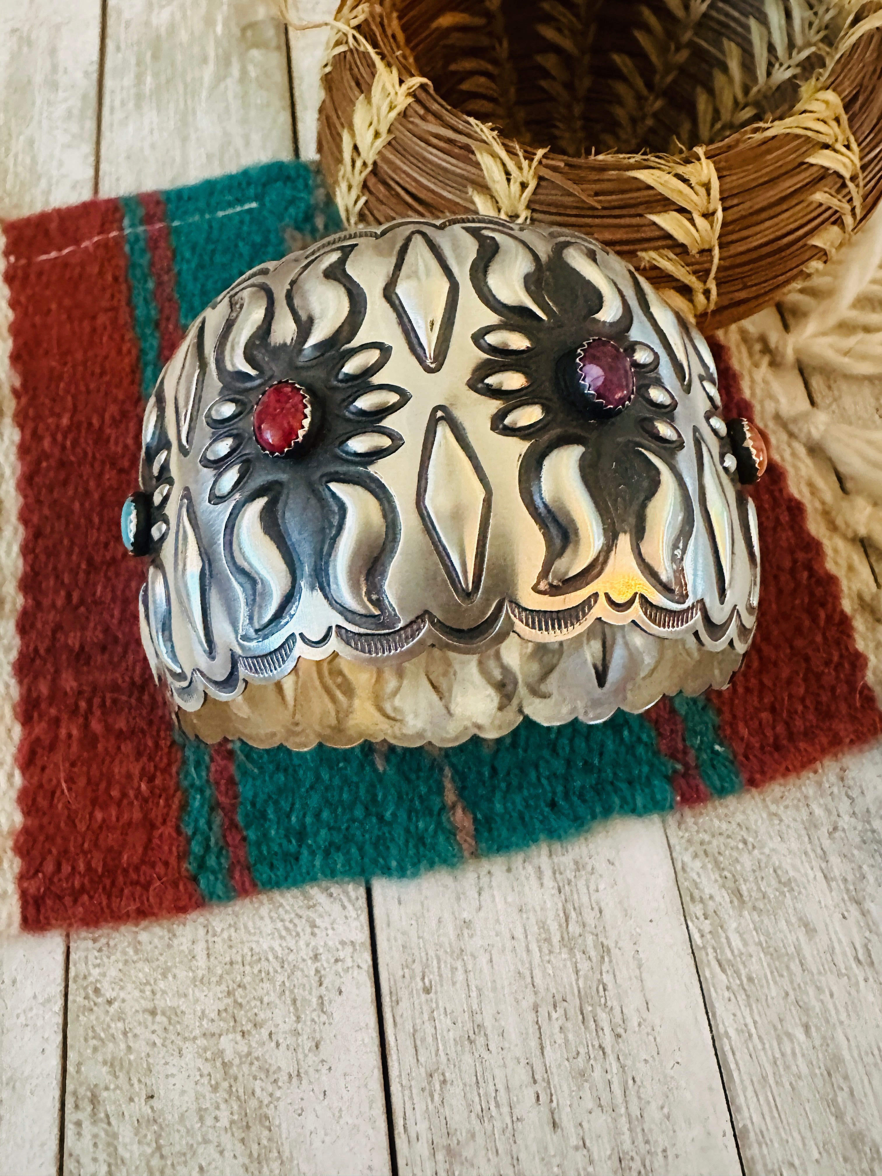 Handcrafted Sterling Silver, Spiny & Turquoise Bangle Bracelet by Leander Tahe