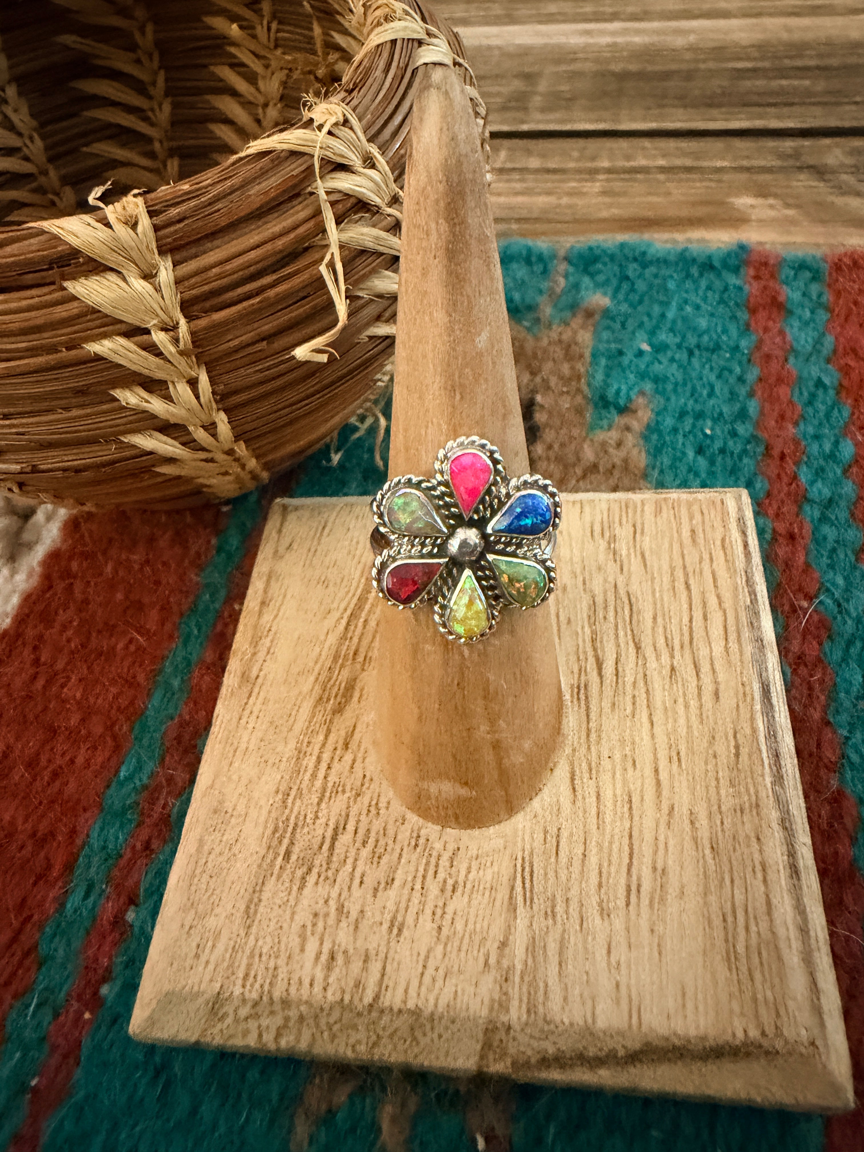Handcrafted Multicolor Opal & Sterling Silver Ring Size 7.25