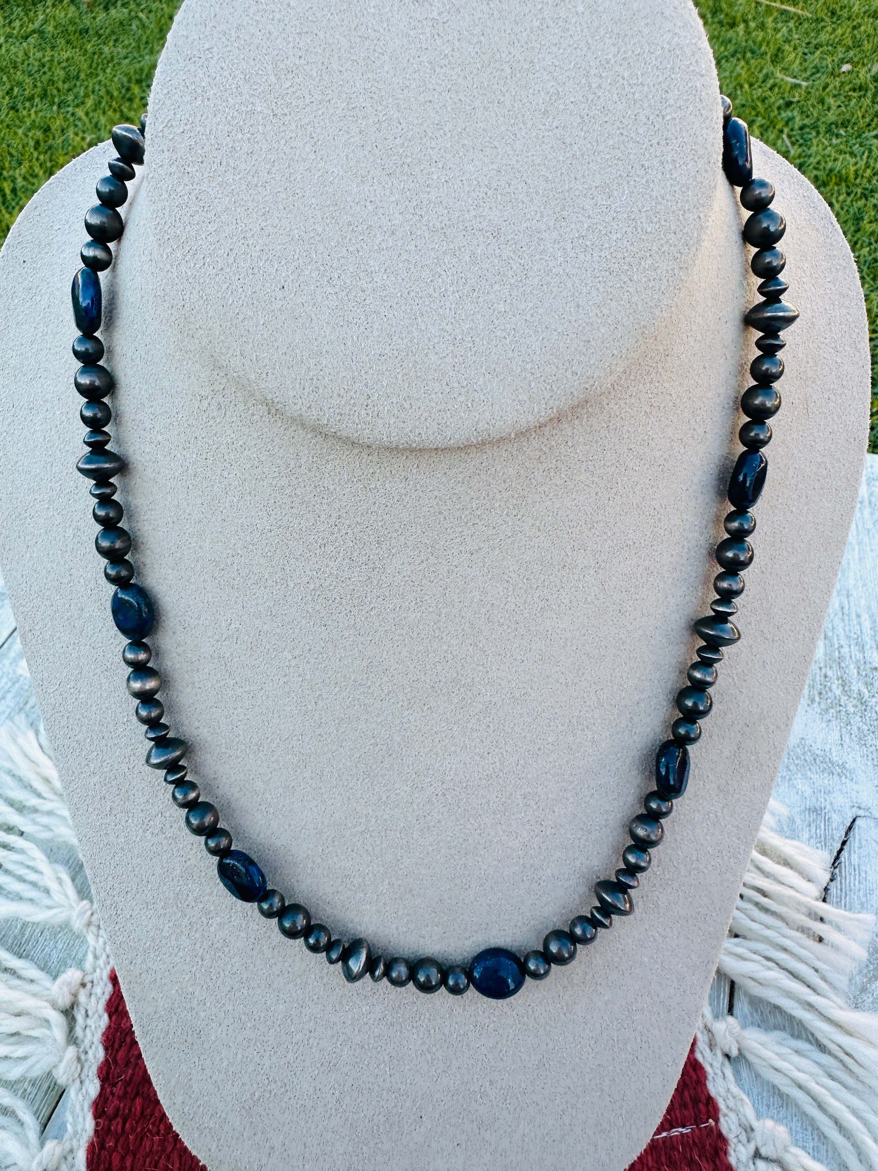 Handcrafted Sterling Silver Pearl & Lapis 18” Beaded Necklace