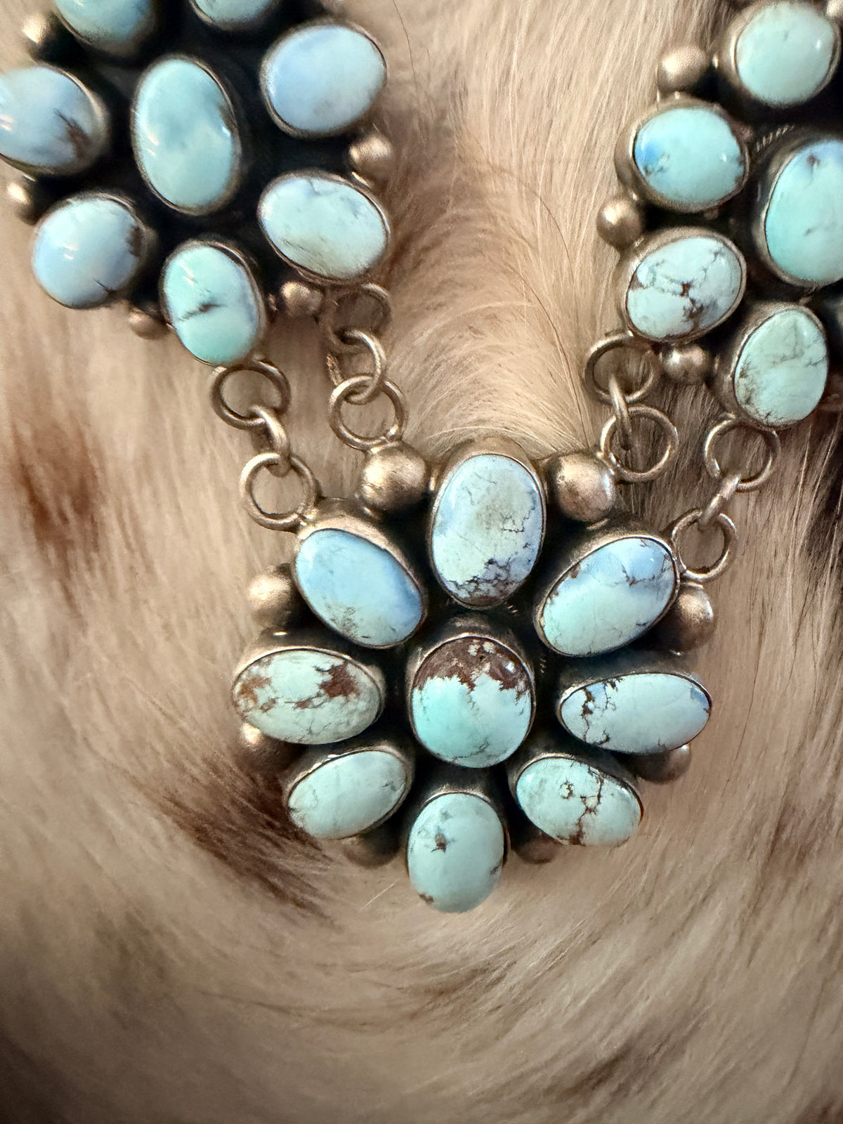 Handcrafted Golden Hills Turquoise & Sterling Silver Cluster Necklace and Earring Set by Kathleen Chavez
