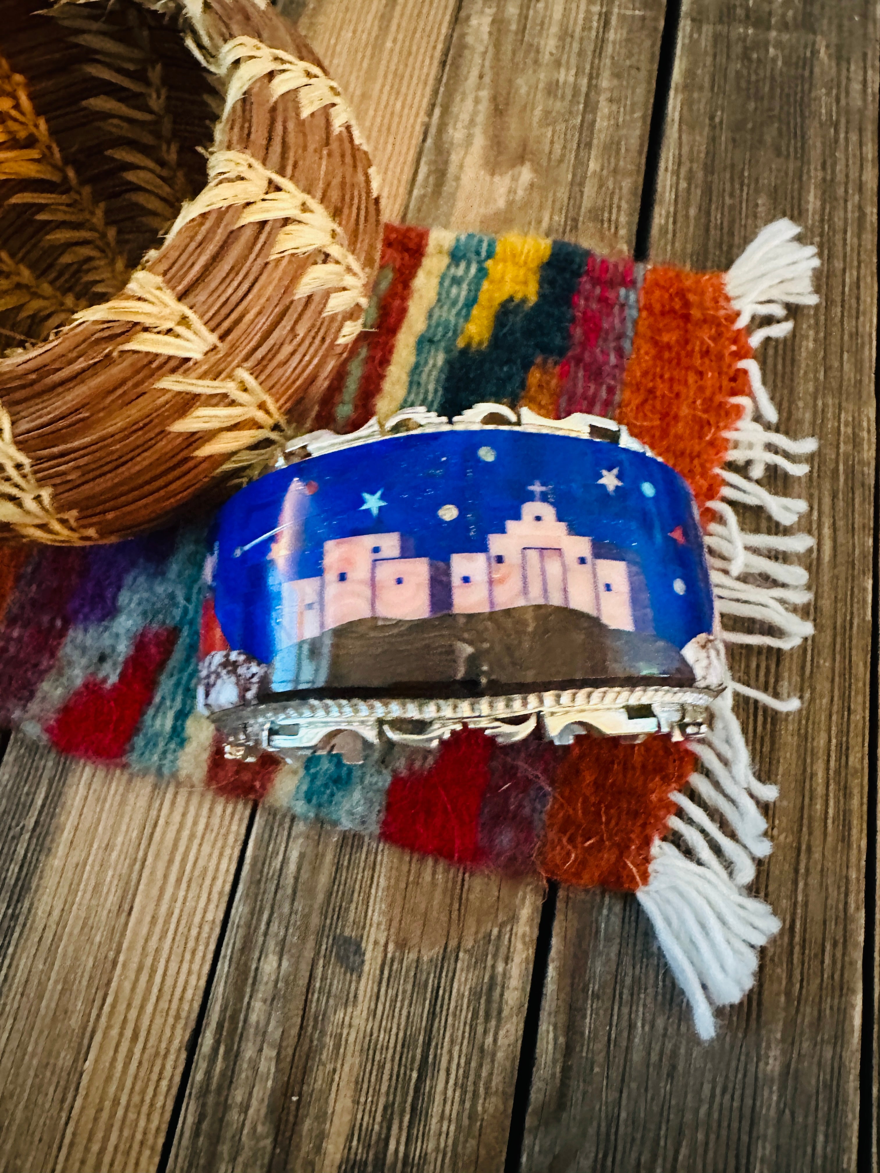 Handcrafted Sterling Silver & Multi Stone Inlay Pueblo Village Cuff Bracelet by Alvin Yellowhorse