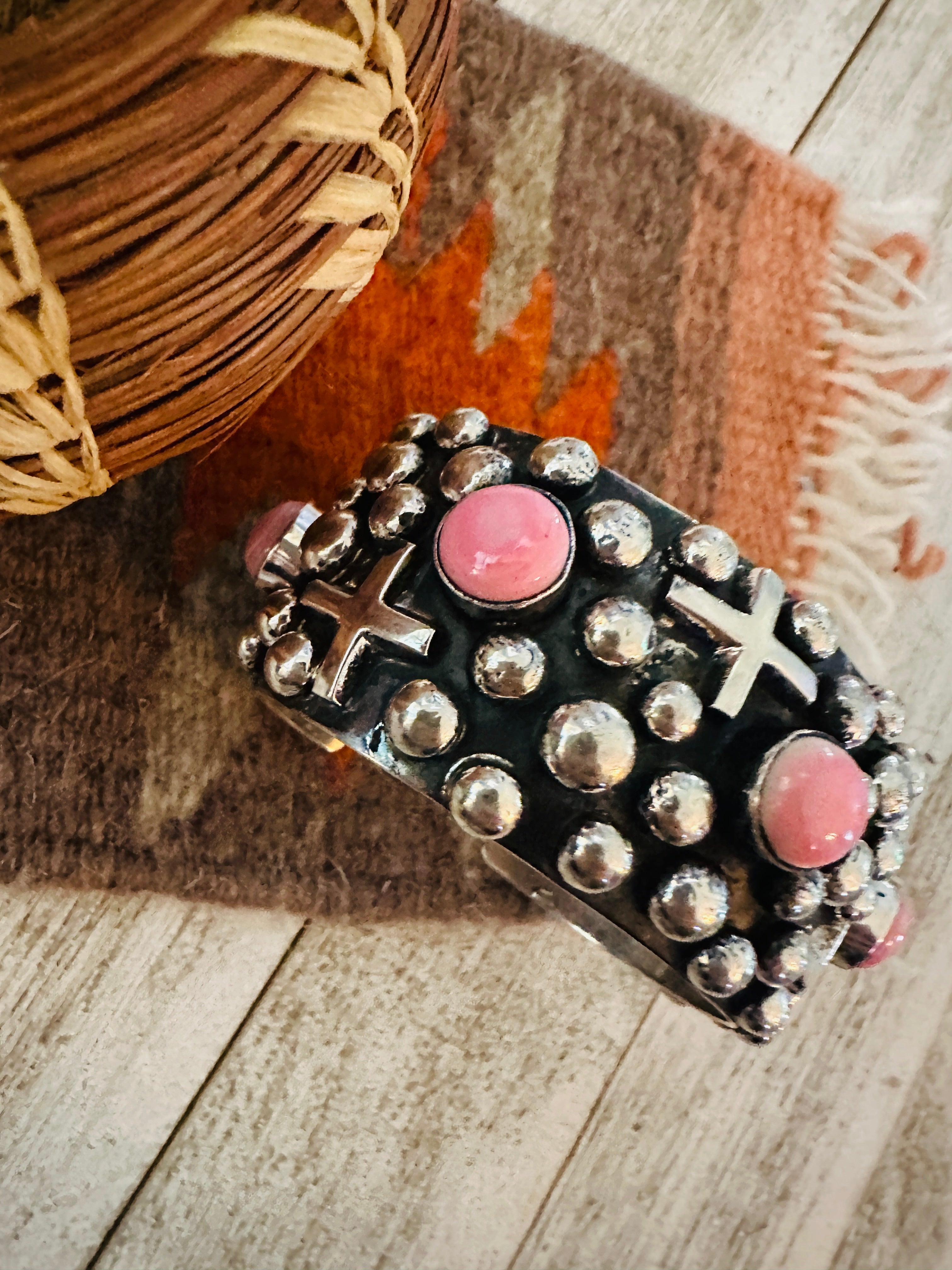 Handcrafted Queen Pink & Sterling Silver Cross Cuff Bracelet By Chimney Butte