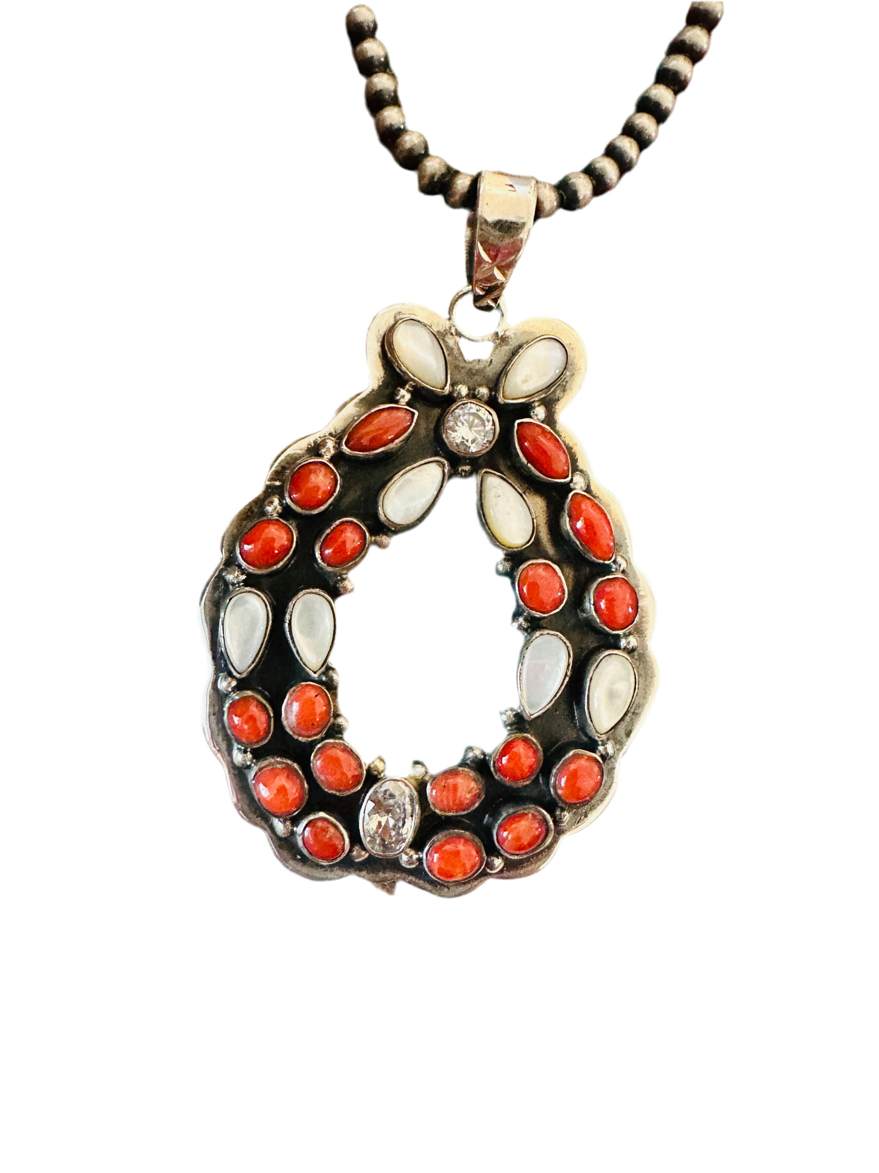 ** Christmas Collection ** Handmade Sterling Silver, Coral, Mother of Pearl & CZ Wreath Pendant Signed Nizhoni