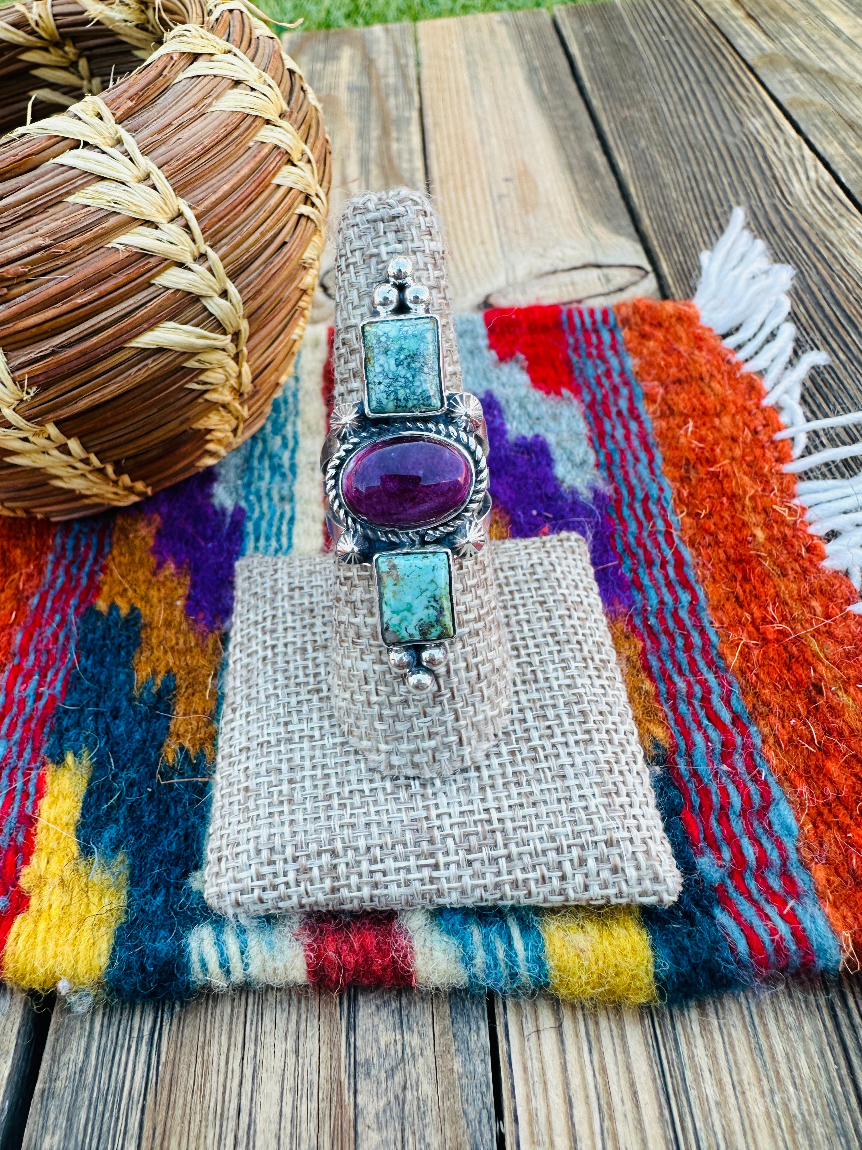 Handcrafted Turquoise, Spiny Oyster & Sterling Silver Ring 8 by Rosella Paxson