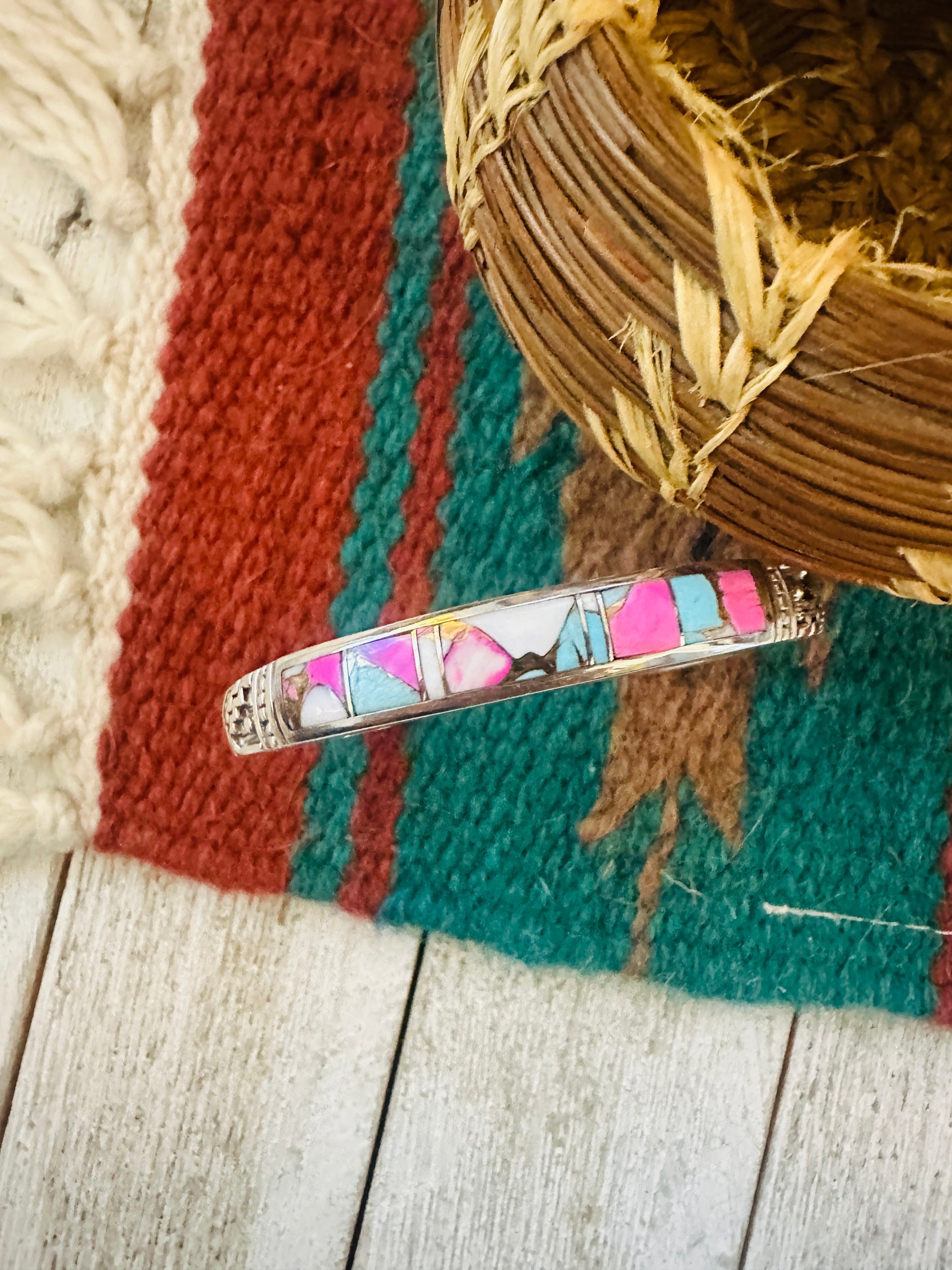 Handcrafted Cotton Candy & Sterling Silver Inlay Cuff Bracelet