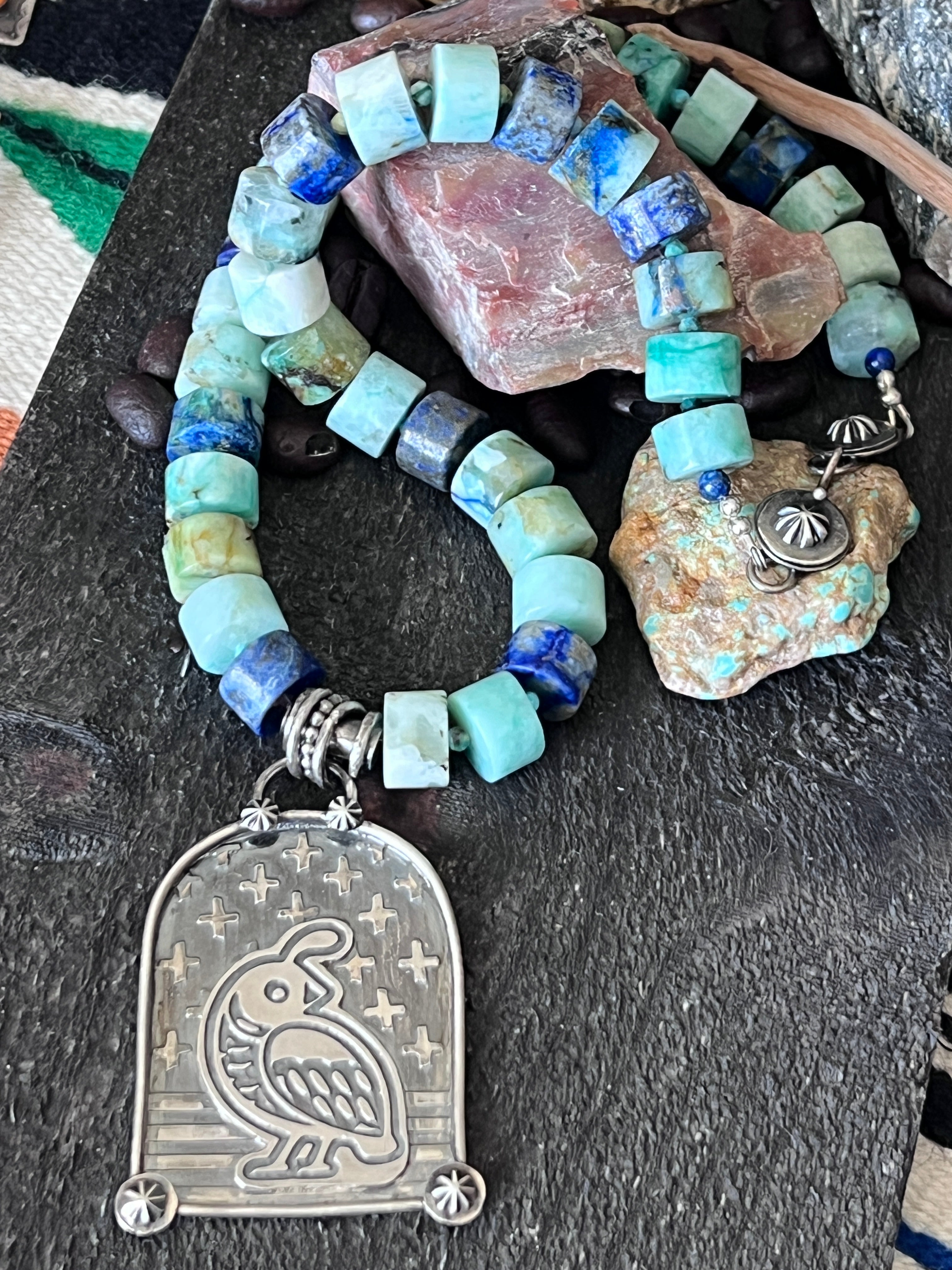 Tularosa Sterling Silver & Chrysocolla Beaded Quail Retablo Necklace