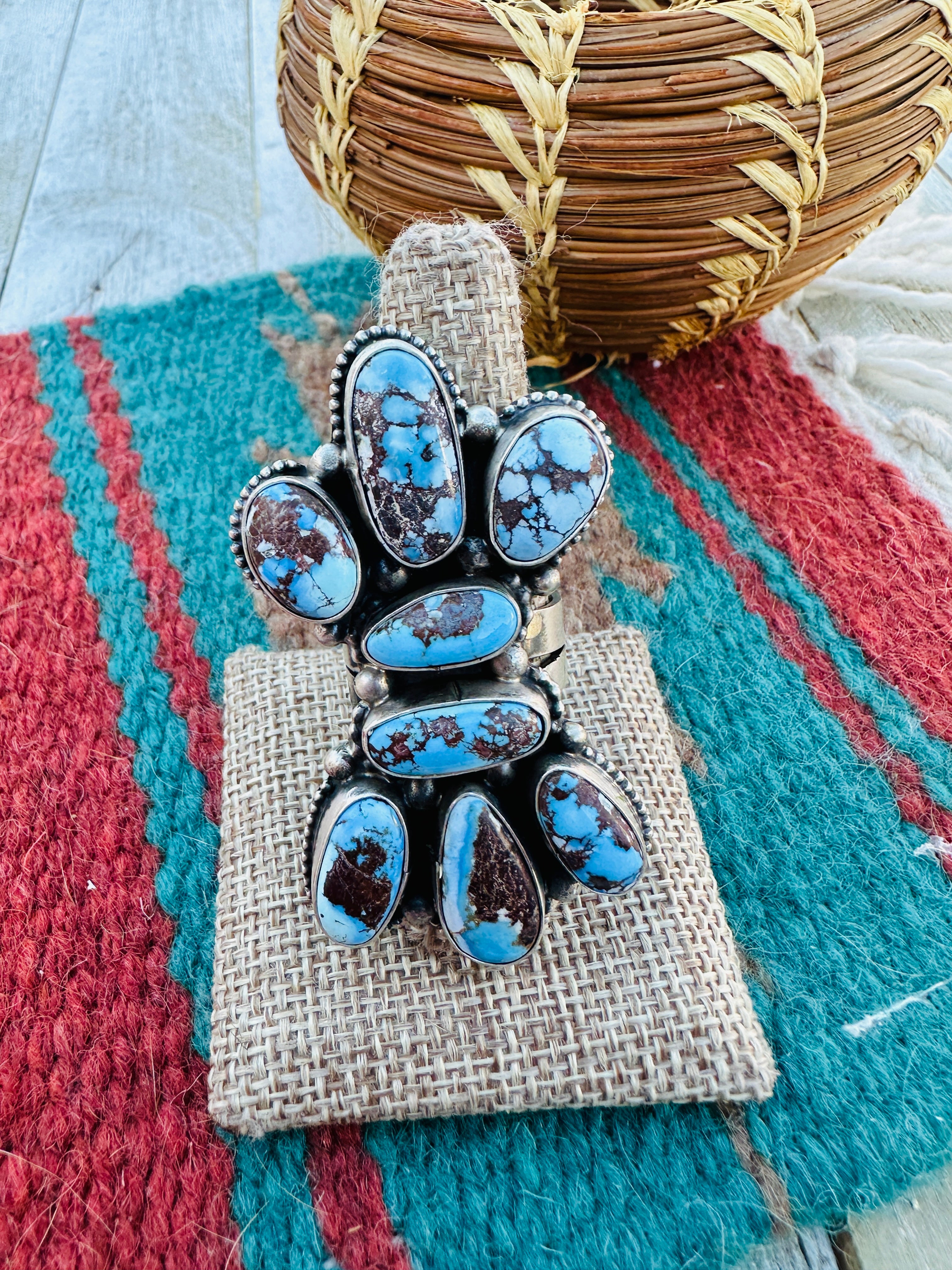 Hand Crafted Golden Hills Turquoise & Sterling Silver Ring Size 10 by Sheila Becenti