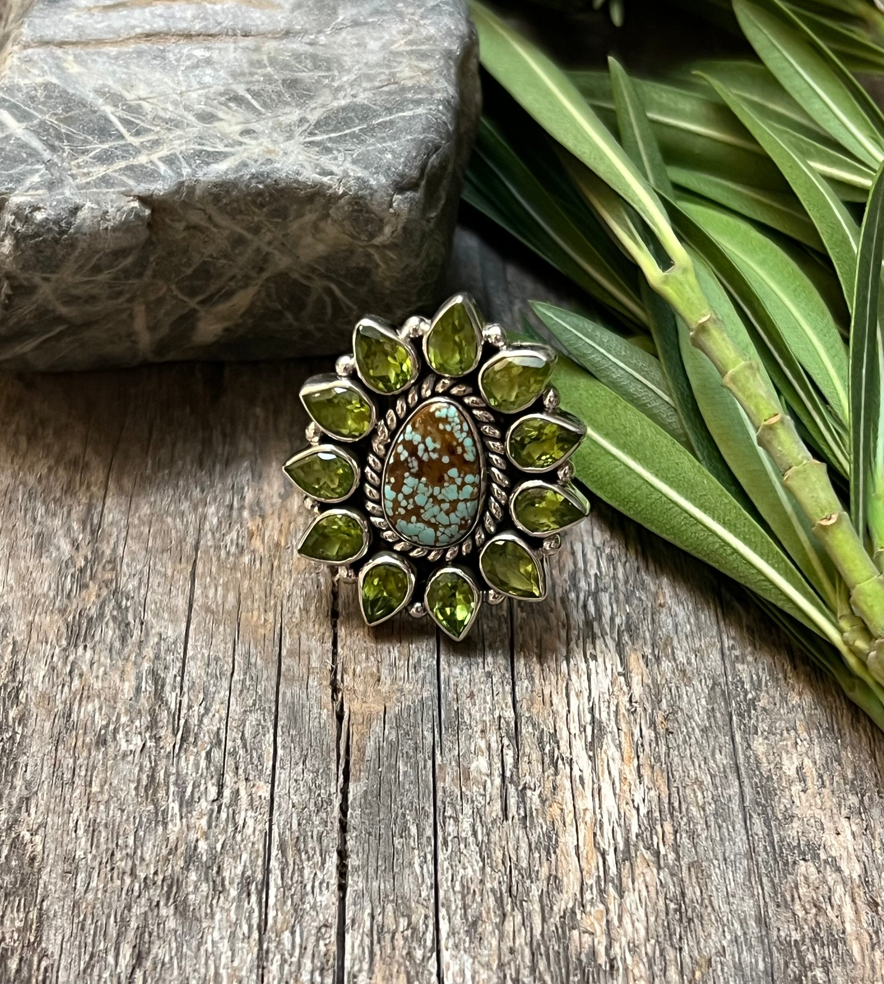 Handmade Turquoise #8 with Marquise Cut-Peridot Gemstones Sterling Silver Adjustable Ring