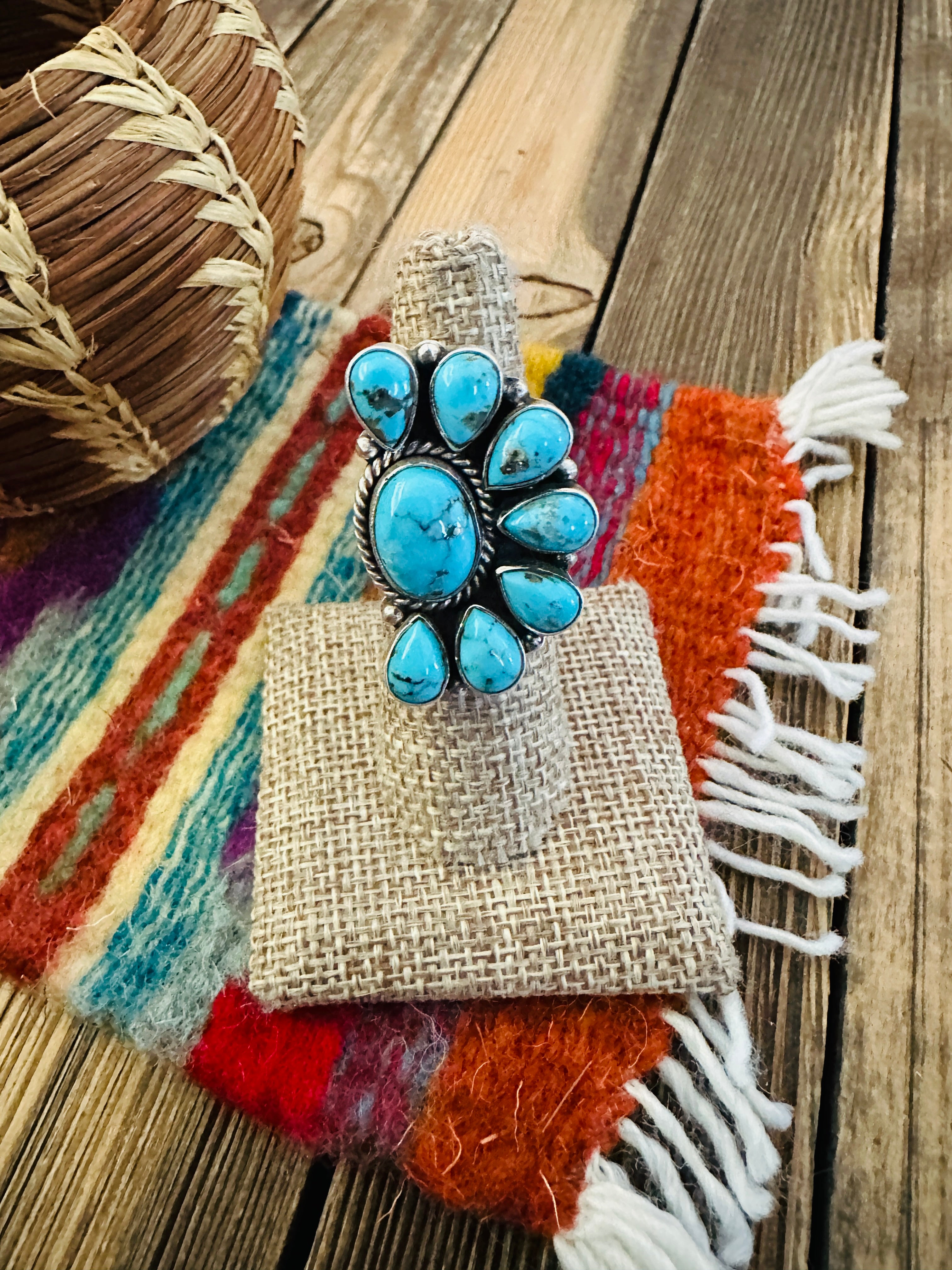 Handcrafted Turquoise & Sterling Silver Adjustable Cluster Ring by Elouise Richards