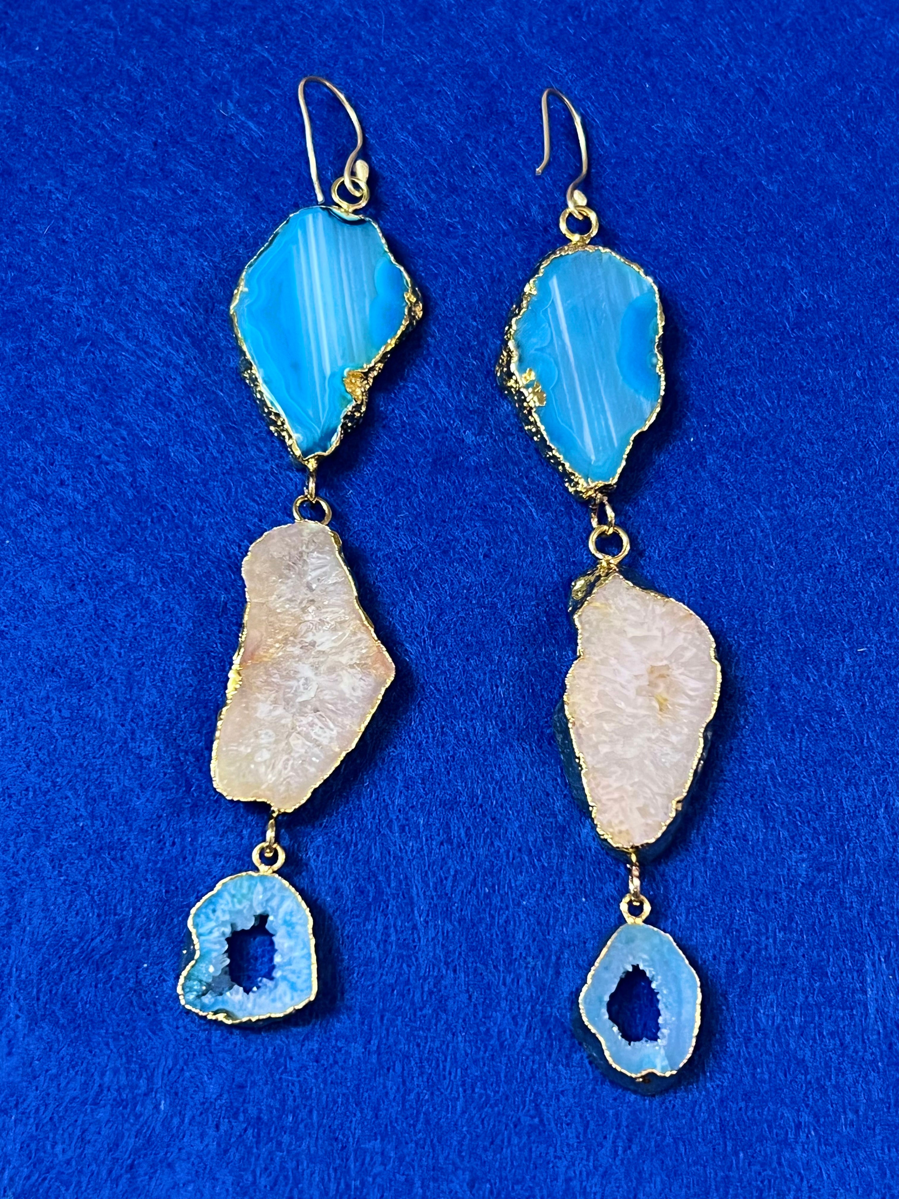 Handmade 14k Gold Druzy Plated Brass 3-Stone White & Blue Geode Dangle Wire Earrings