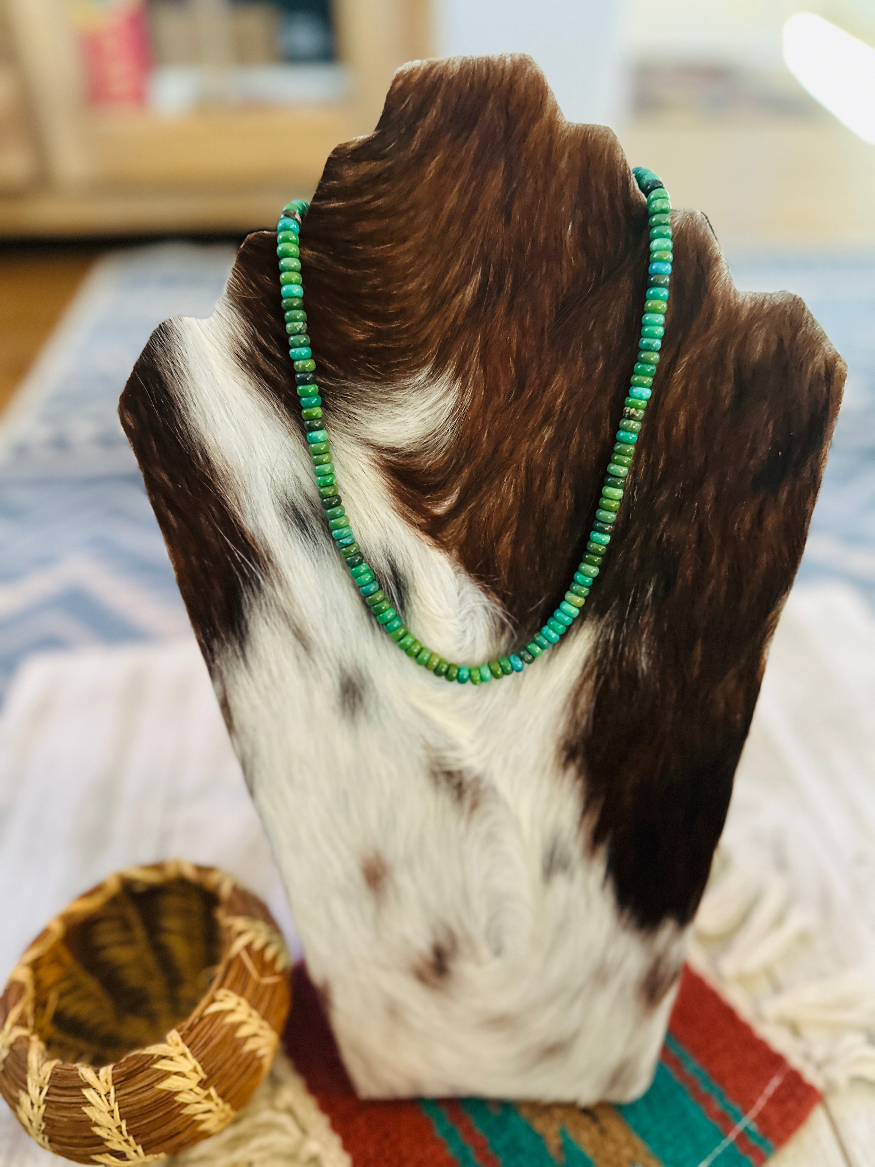 Handcrafted Green Turquoise & Sterling Silver Beaded Necklace 17”