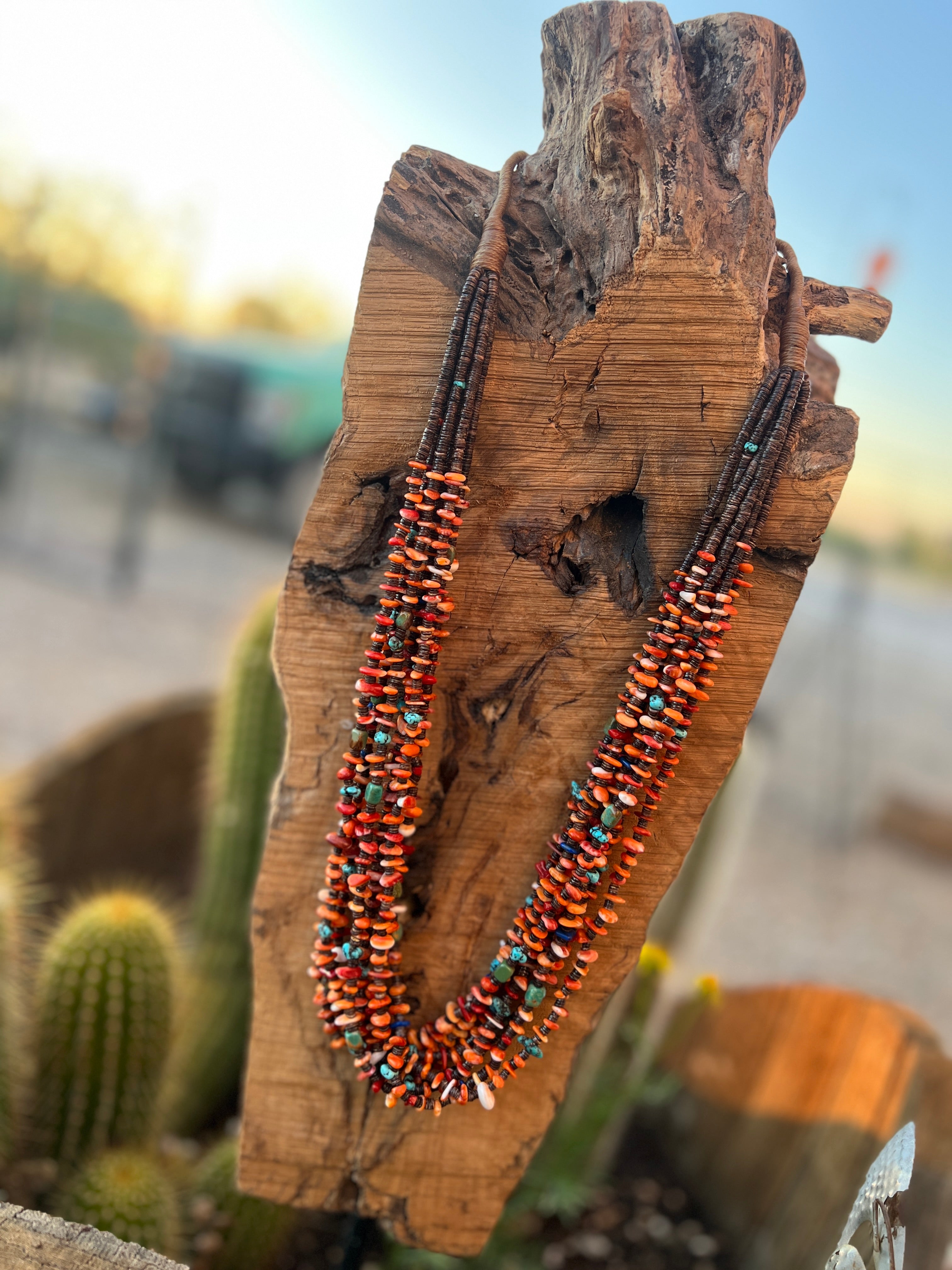 Gorgeous Santo Domingo Made Eight Strand Spiny Oyster and Turquoise Beaded Squaw Wrap Necklace
