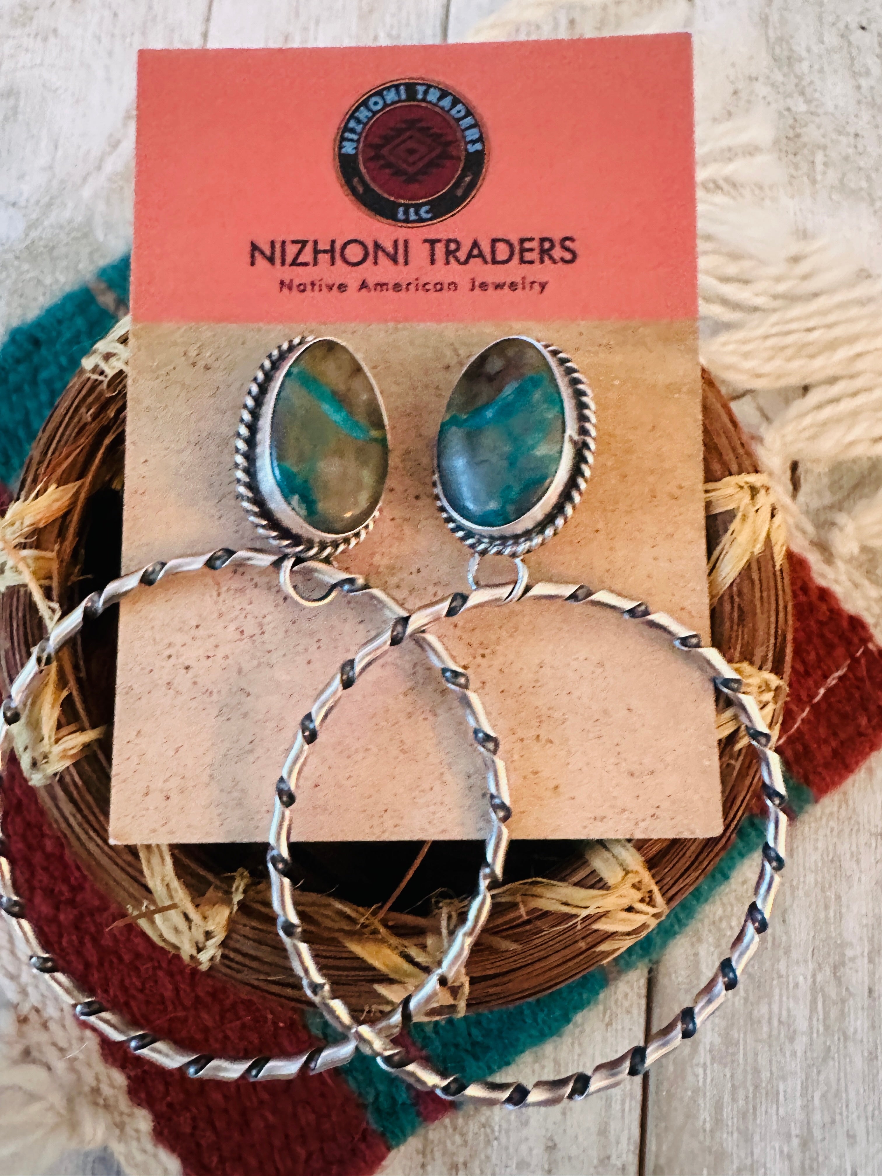 Navajo Ribbon Turquoise and Sterling Silver Dangle Hoop Earrings
