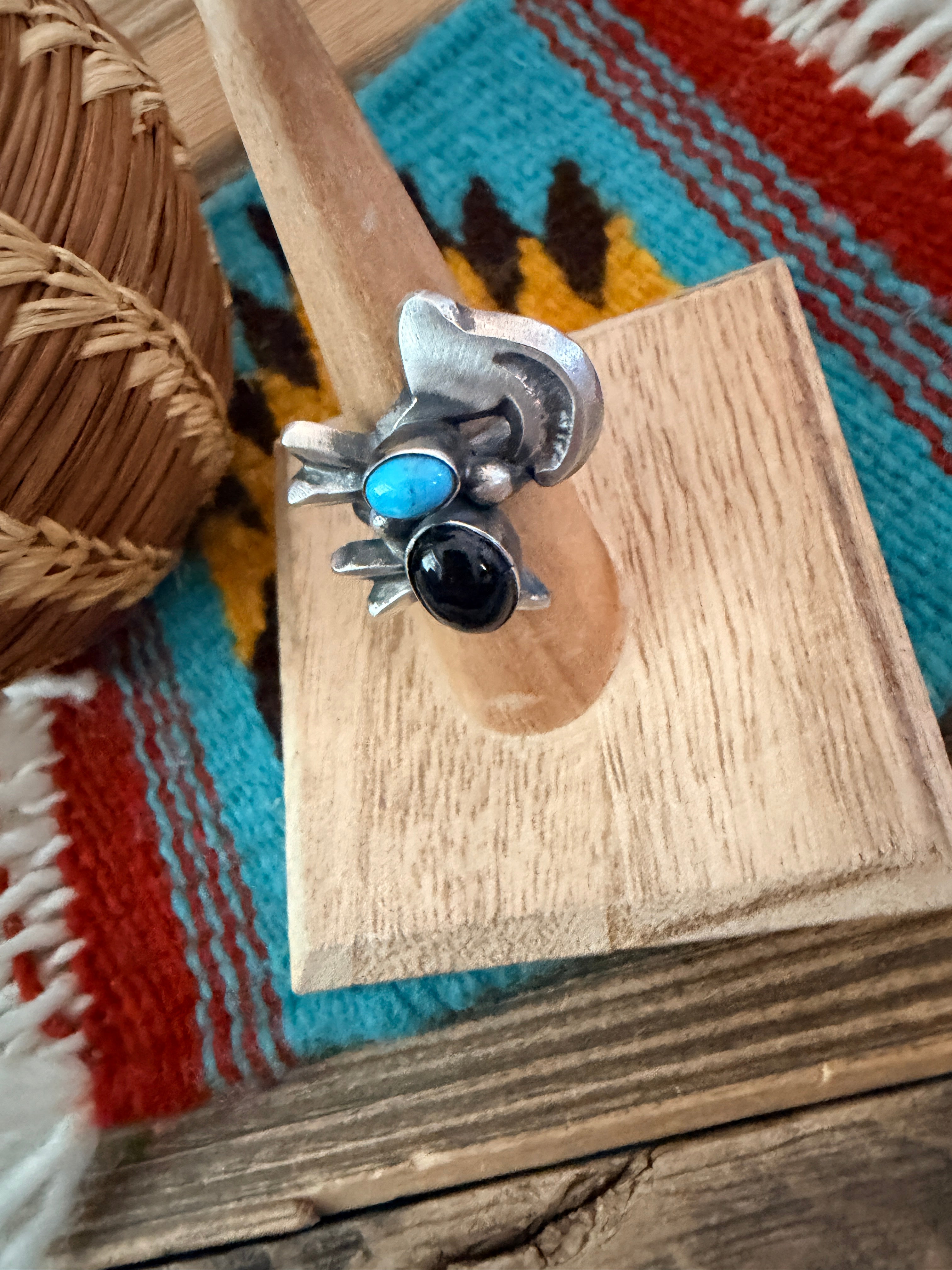 Handcrafted Onyx, Turquoise and Sterling Silver Goat Ring size 7 by Chimney Butte