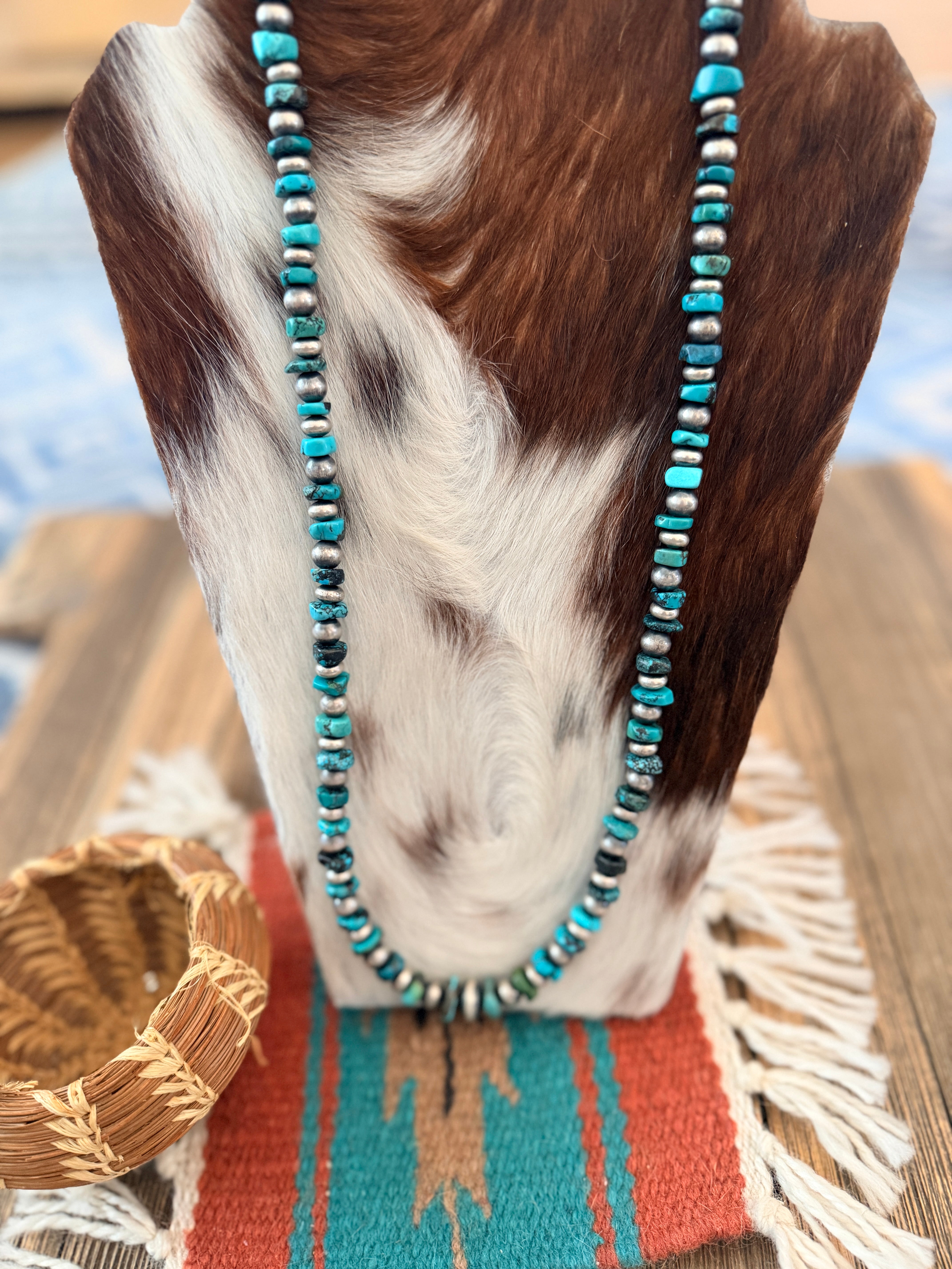 Handcrafted Turquoise & Sterling Silver Pearl 32" Beaded Necklace