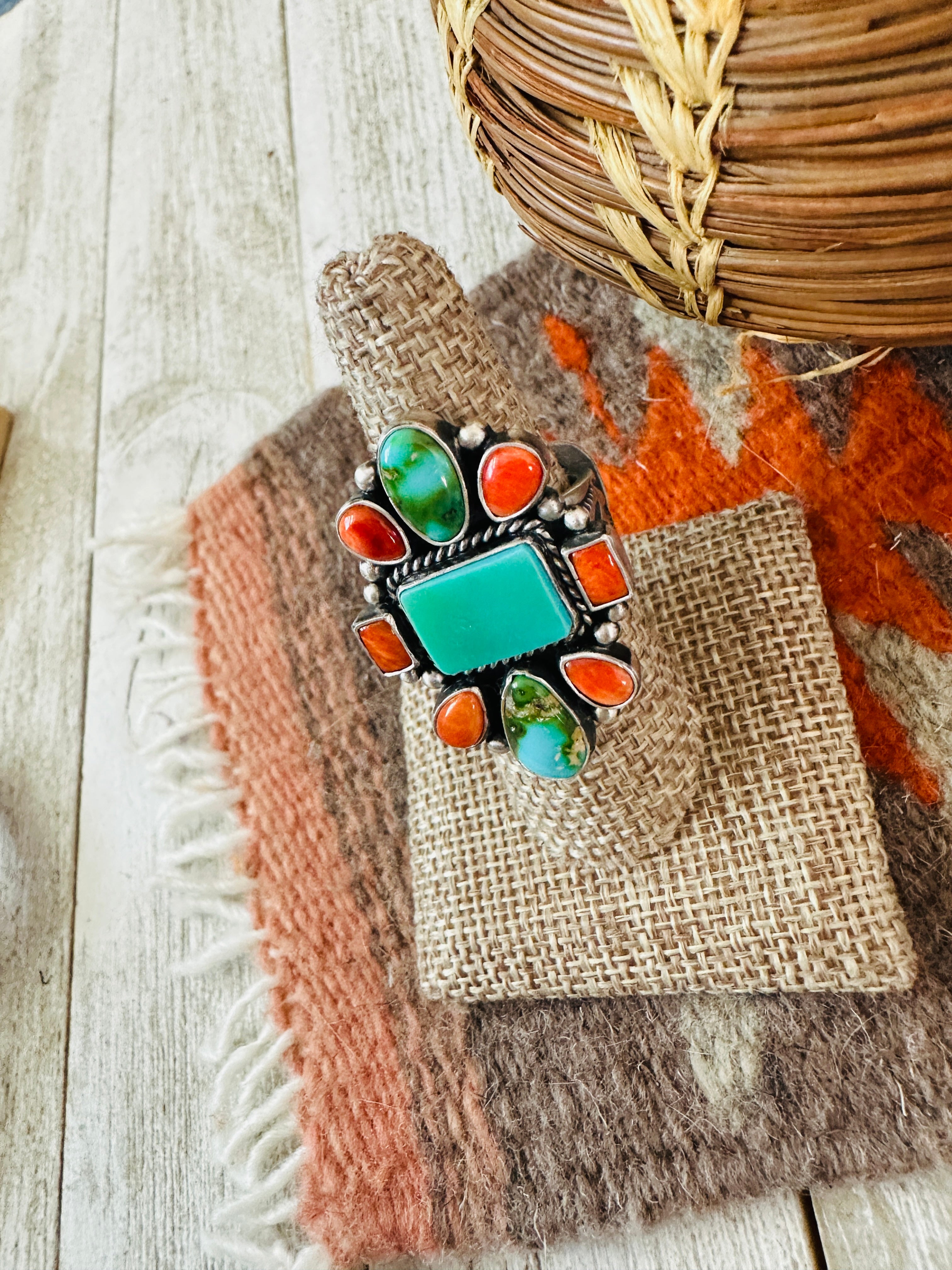 Navajo Sterling Silver, Turquoise & Spiny Oyster Ring by Bernyse Chavez and Angela Martin, Size 8