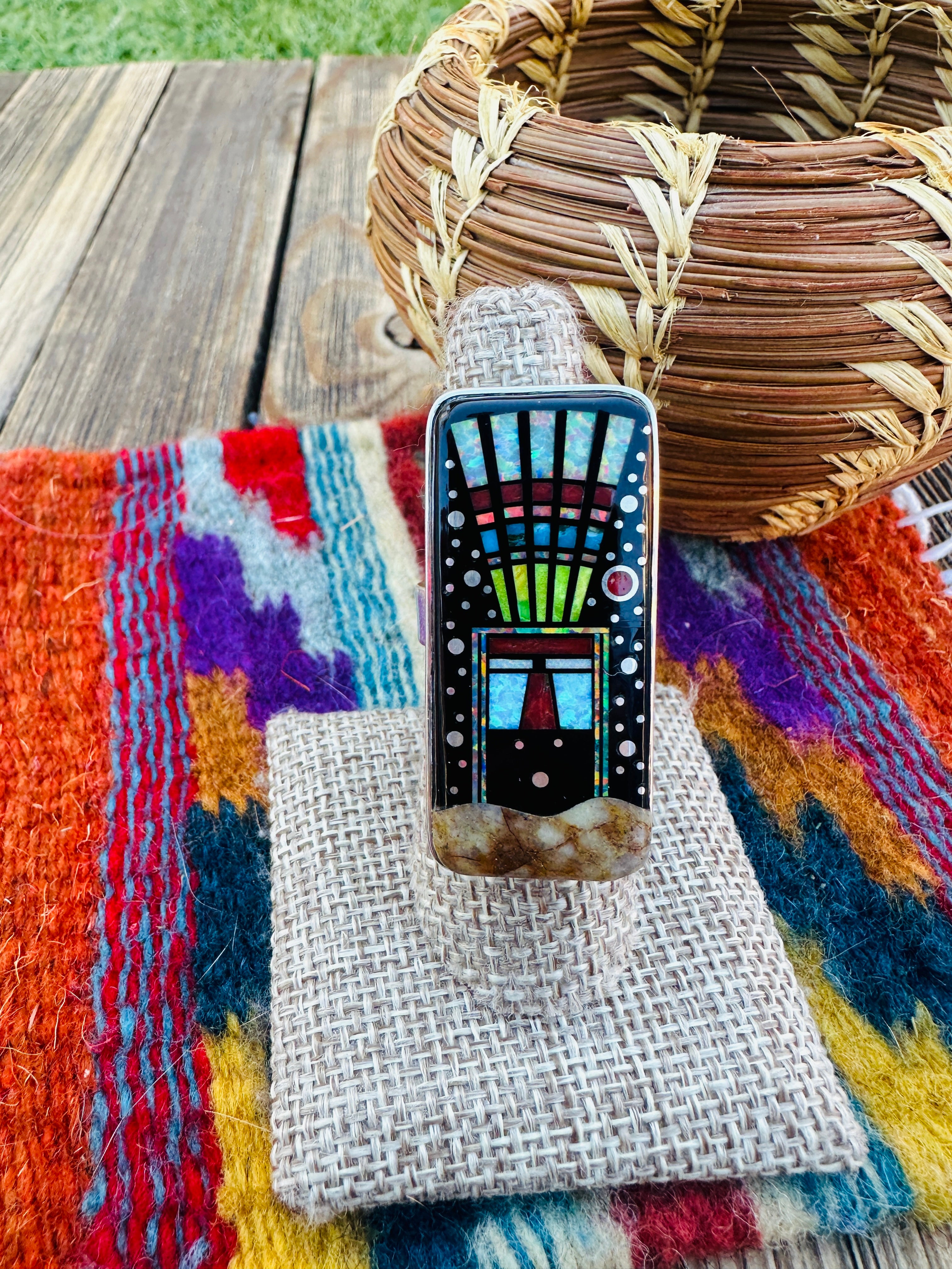 Handcrafted Multi Stone & Sterling Silver Inlay Adjustable Ring by Matthew Jack