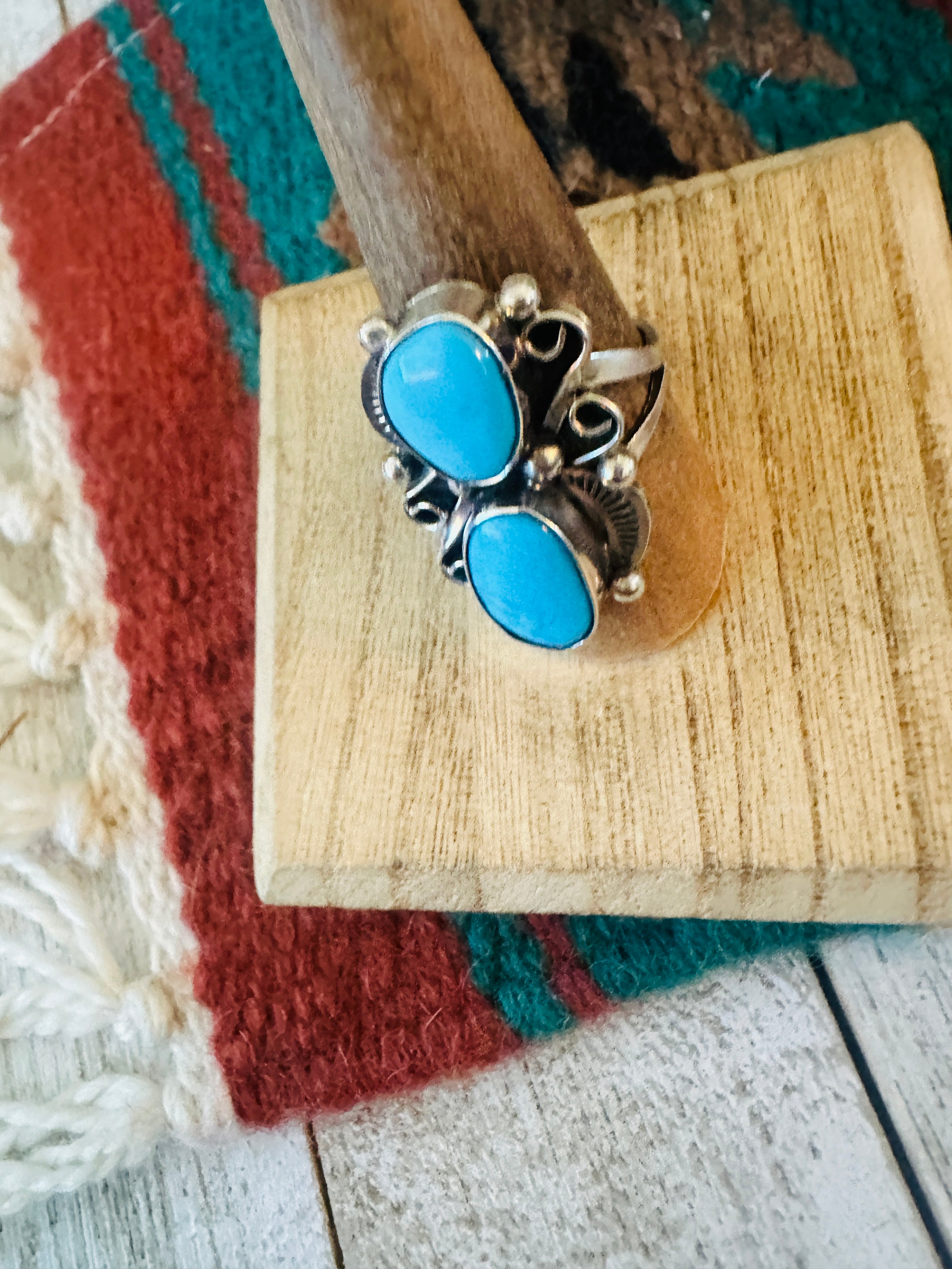 Handcrafted Turquoise & Sterling Silver Two Stone Ring Size 8.5