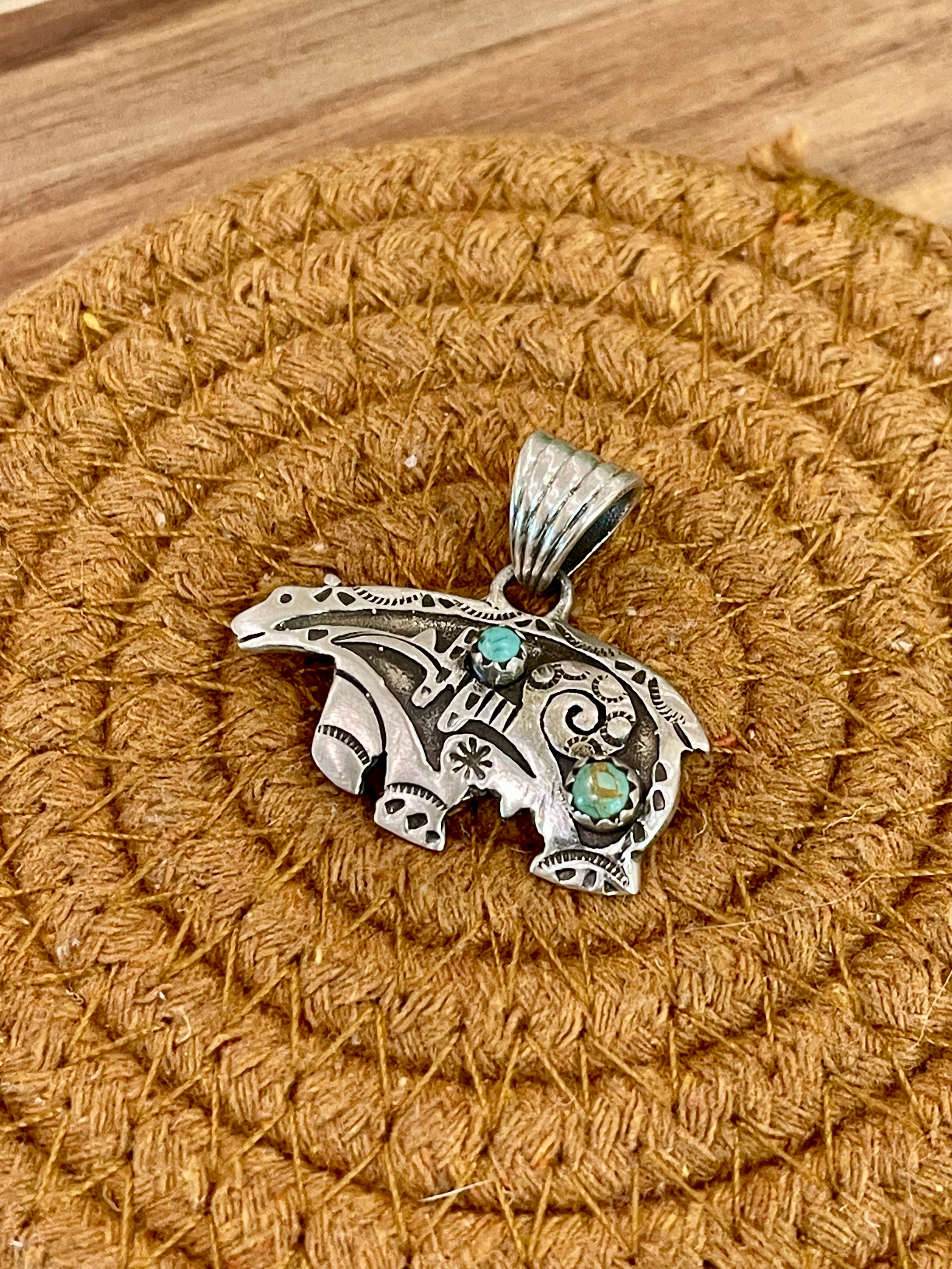 Handmade Sterling Silver & Turquoise Hand Stamped Bear Pendant with Signed Nizhoni